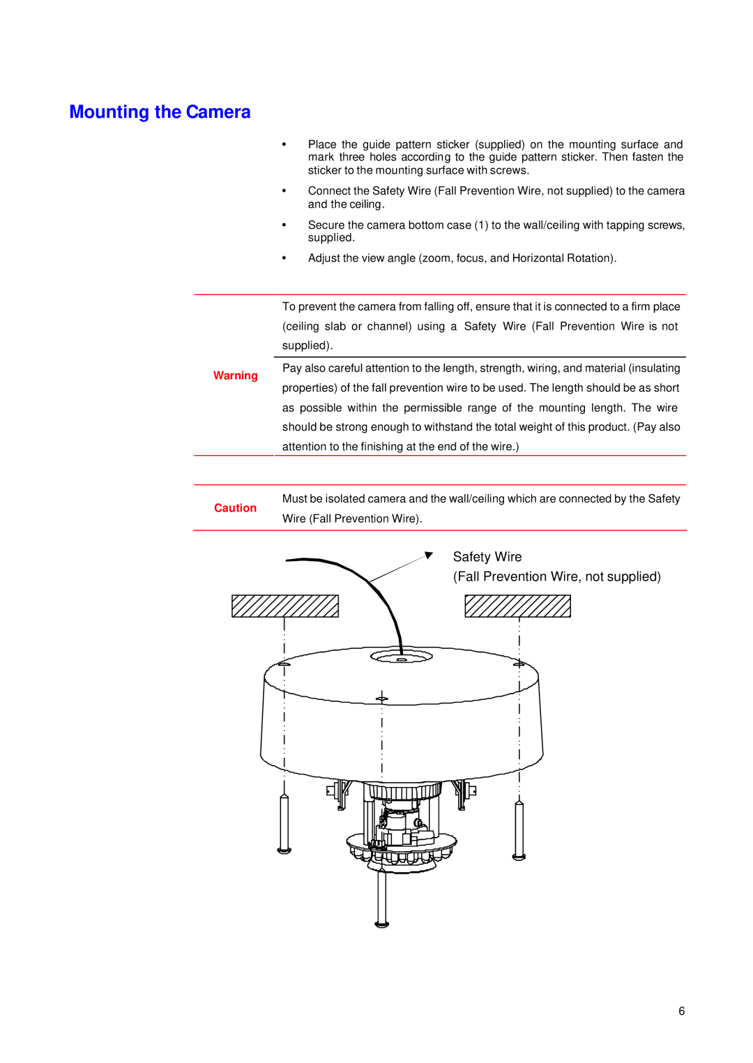 JVC VN-T216VPRU manual Mounting the Camera, Safety Wire Fall Prevention Wire, not supplied 