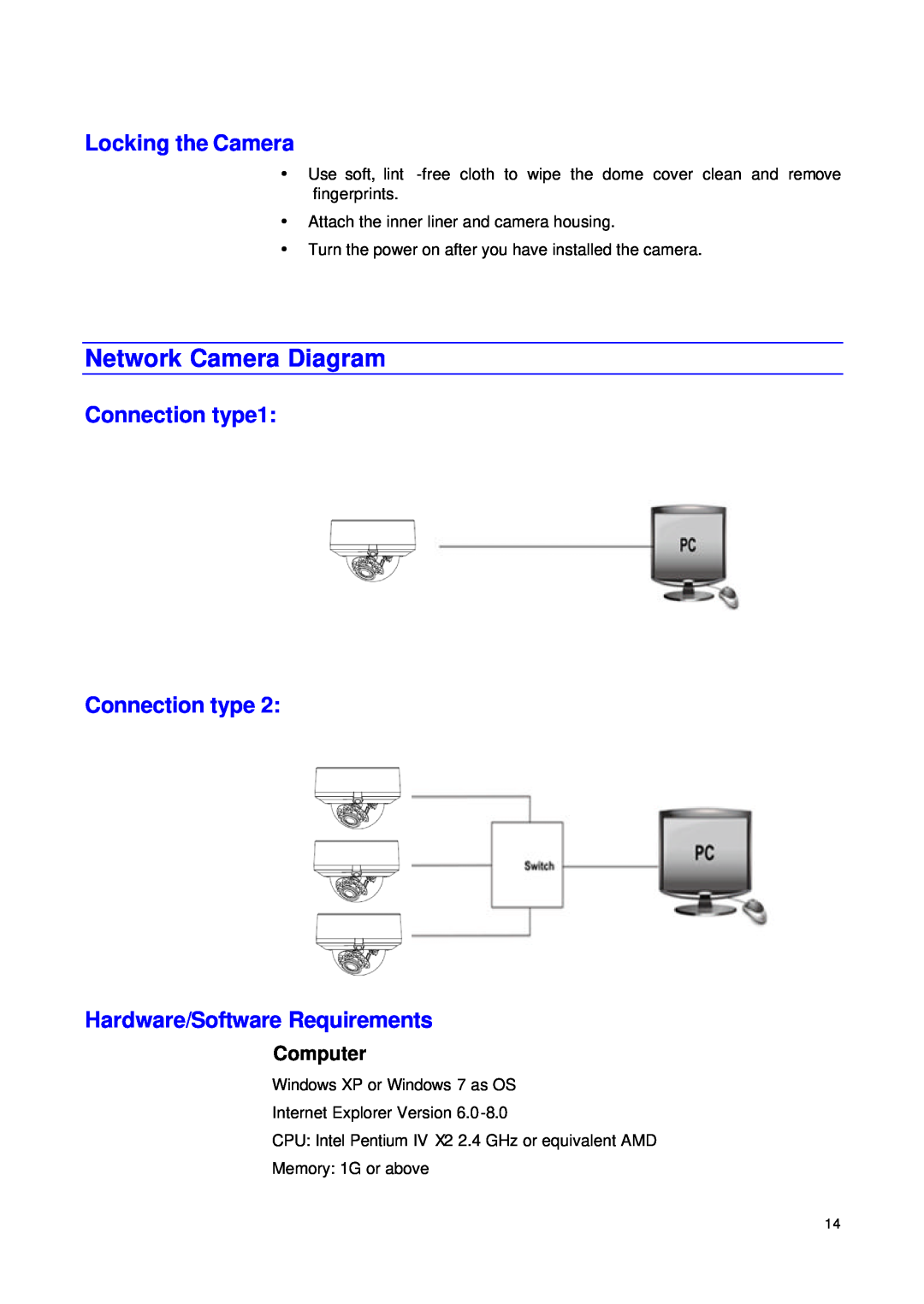 JVC VN-T216VPRU manual Network Camera Diagram, Locking the Camera, Connection type1 Connection type, Computer 