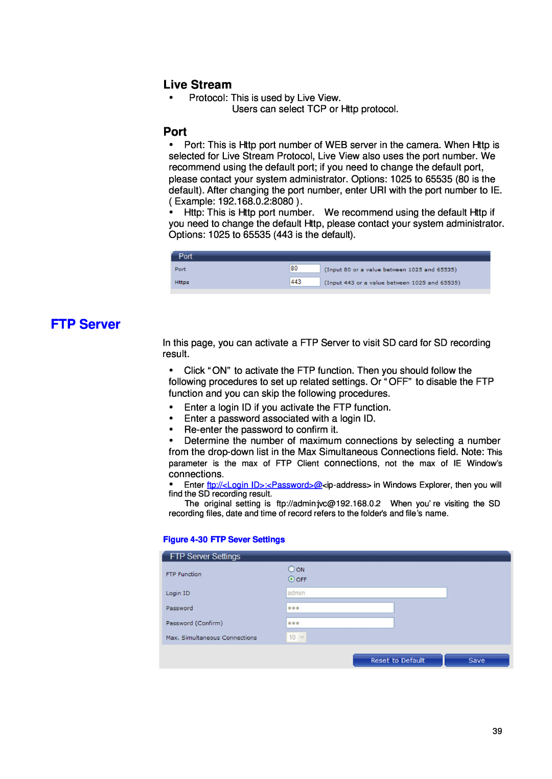 JVC VN-T216VPRU manual FTP Server, Live Stream, Port 
