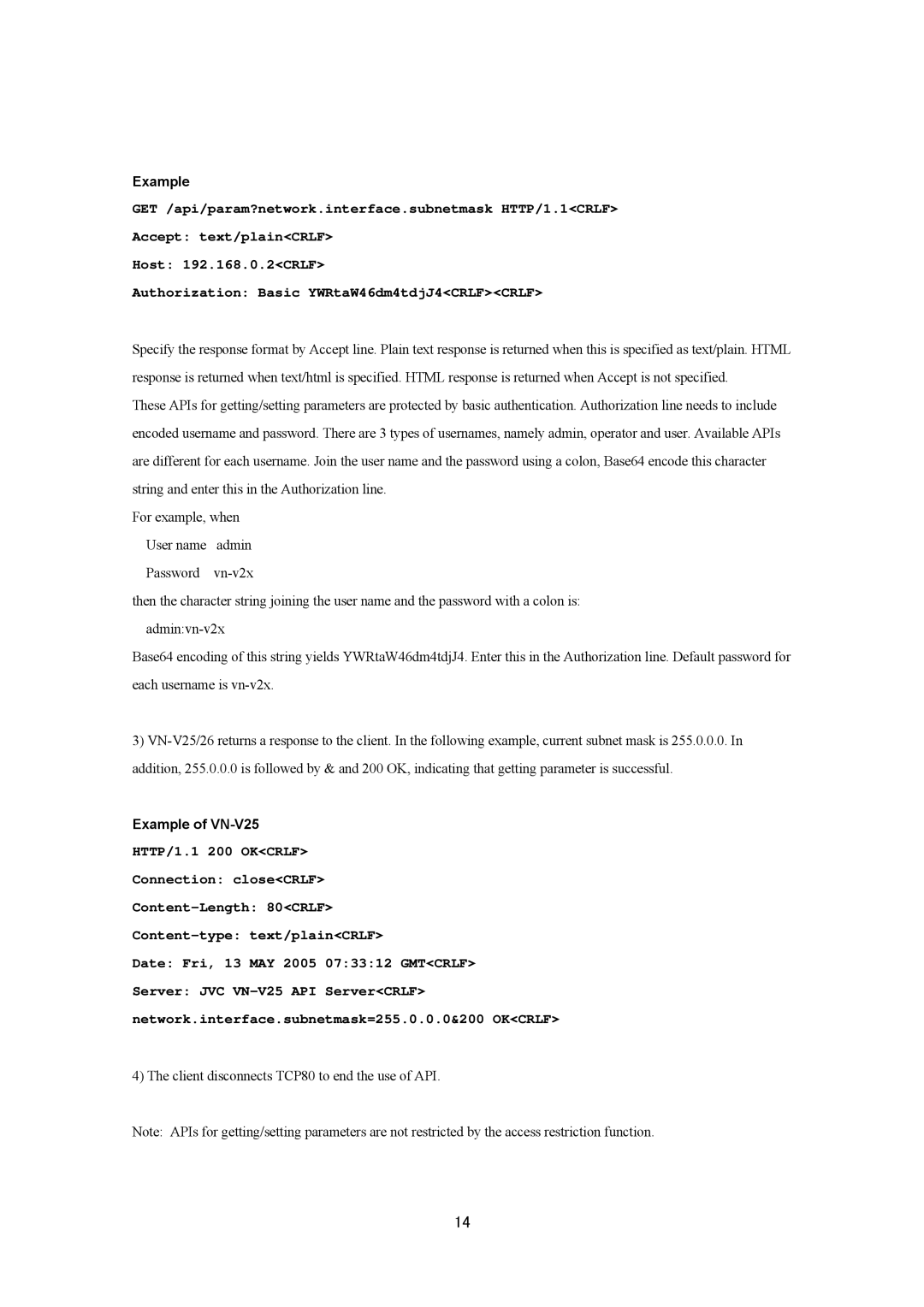 JVC VN-V25U, VN-V26U manual Client disconnects TCP80 to end the use of API 