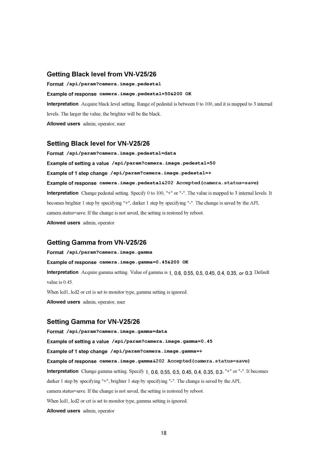 JVC VN-V25U, VN-V26U Getting Black level from VN-V25/26, Setting Black level for VN-V25/26, Getting Gamma from VN-V25/26 