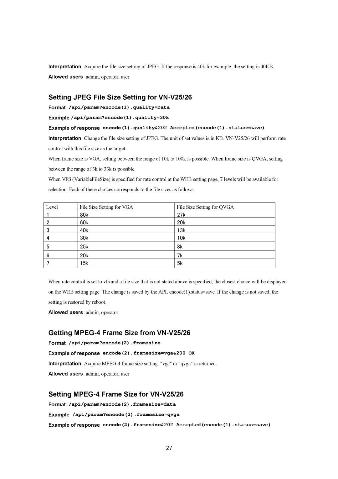 JVC VN-V26U, VN-V25U manual Setting Jpeg File Size Setting for VN-V25/26, Getting MPEG-4 Frame Size from VN-V25/26 