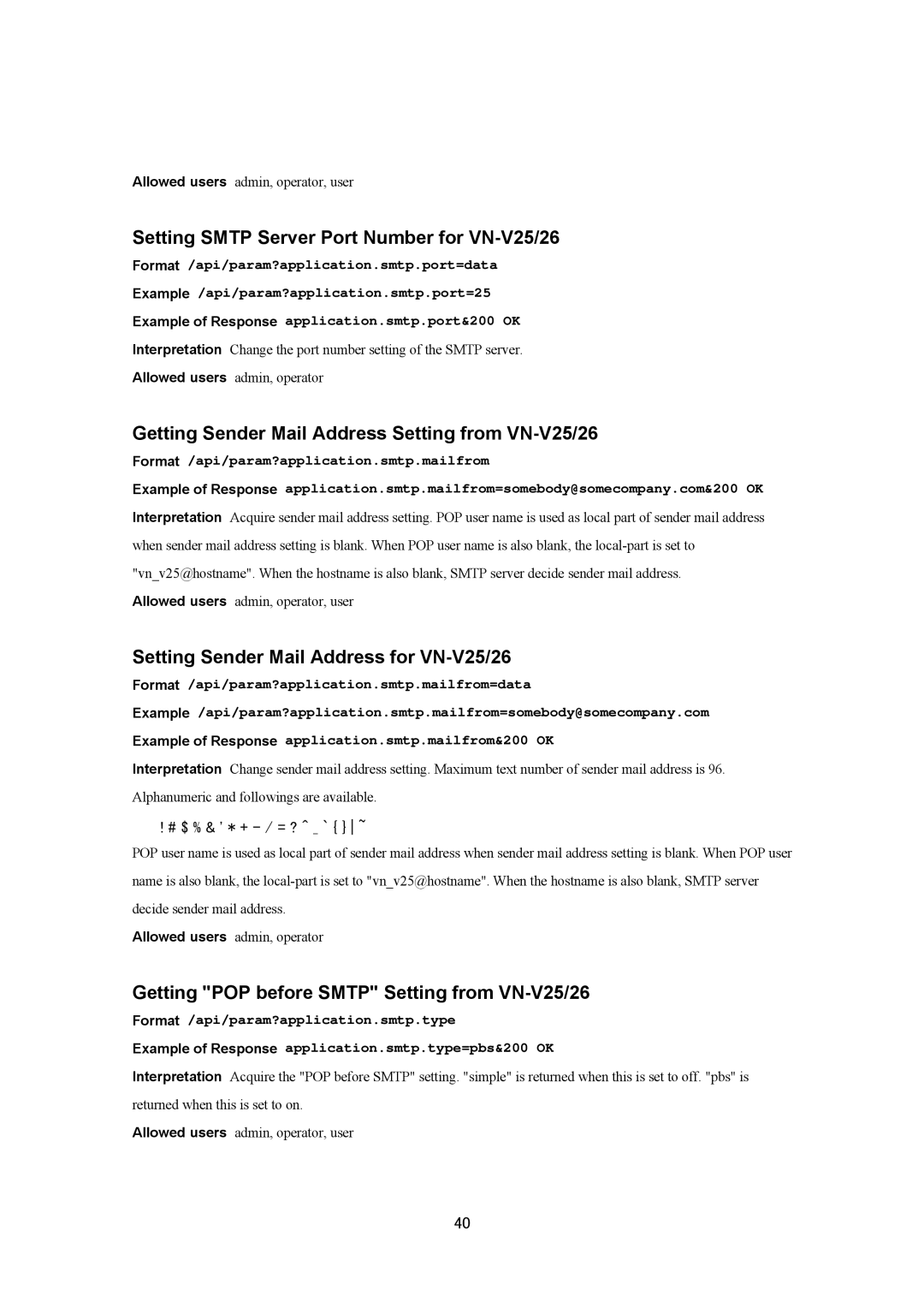 JVC VN-V25U, VN-V26U Setting Smtp Server Port Number for VN-V25/26, Getting Sender Mail Address Setting from VN-V25/26 