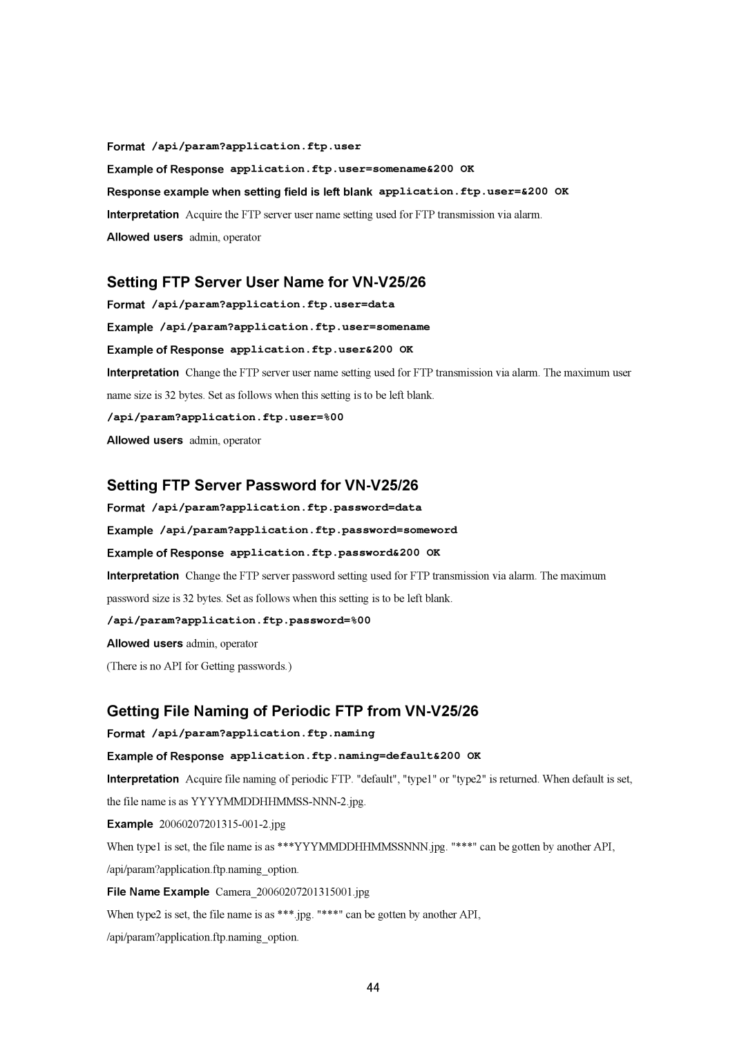 JVC VN-V25U, VN-V26U manual Setting FTP Server User Name for VN-V25/26, Setting FTP Server Password for VN-V25/26 