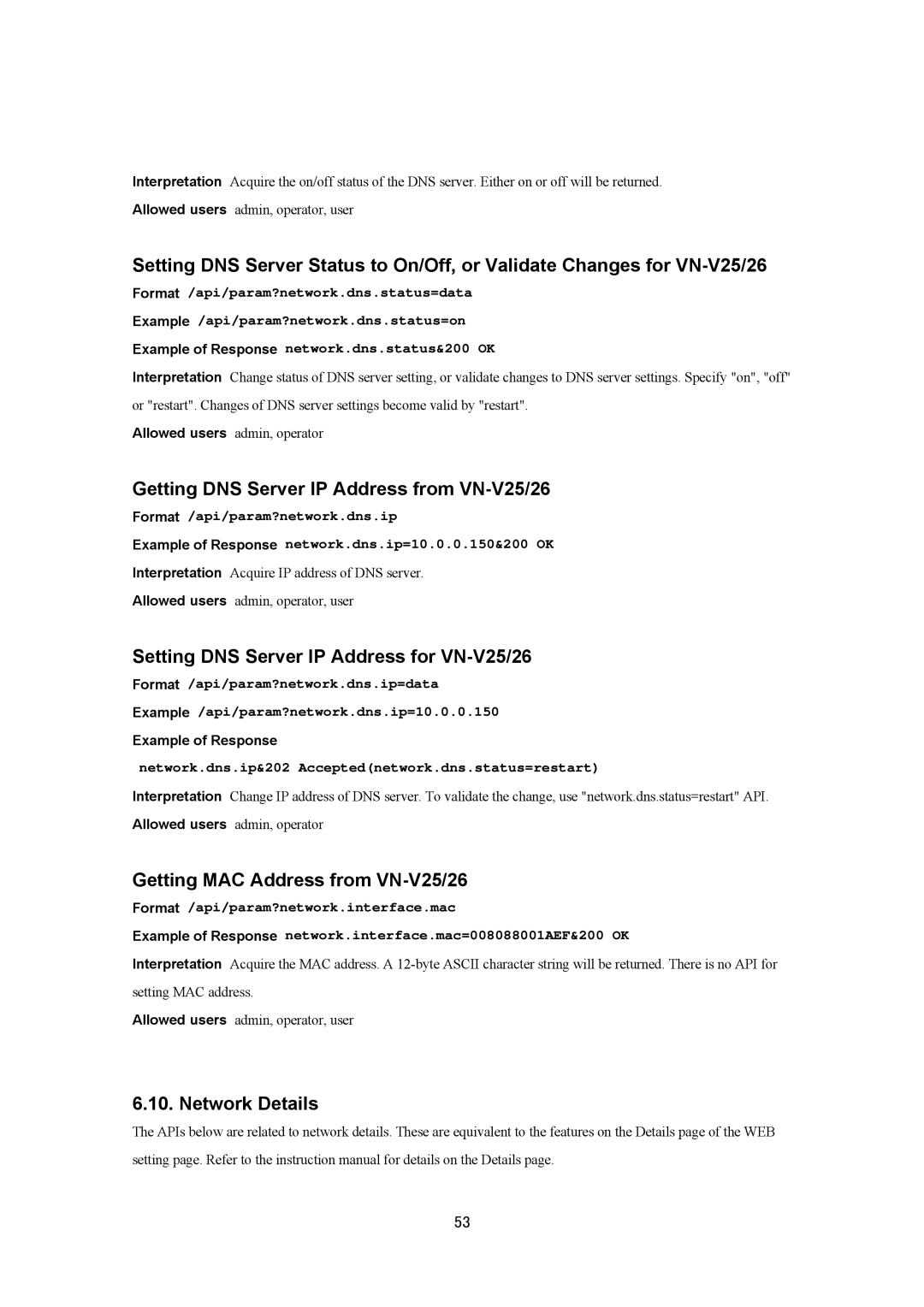 JVC VN-V26U Getting DNS Server IP Address from VN-V25/26, Setting DNS Server IP Address for VN-V25/26, Network Details 