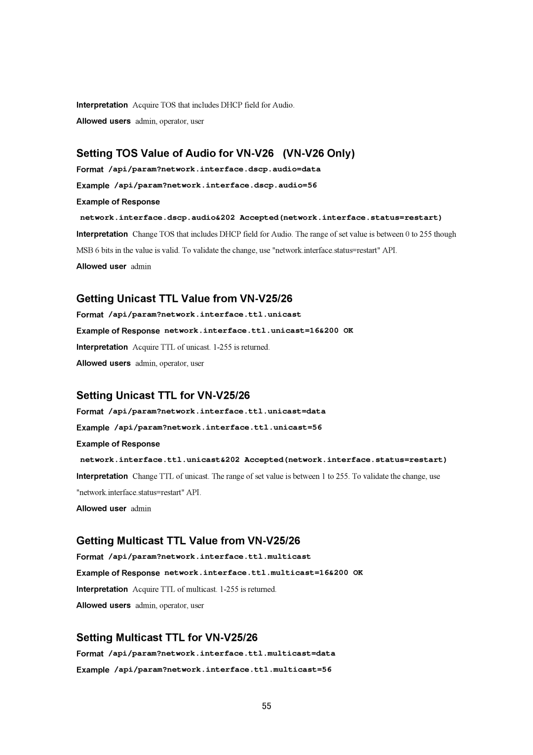 JVC VN-V26U, VN-V25U manual Setting TOS Value of Audio for VN-V26 VN-V26 Only, Getting Unicast TTL Value from VN-V25/26 