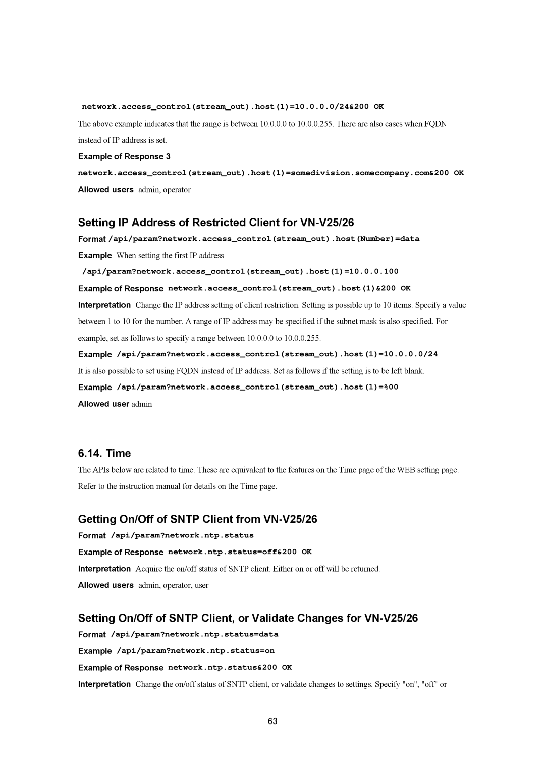 JVC VN-V26U manual Setting IP Address of Restricted Client for VN-V25/26, Time Getting On/Off of Sntp Client from VN-V25/26 