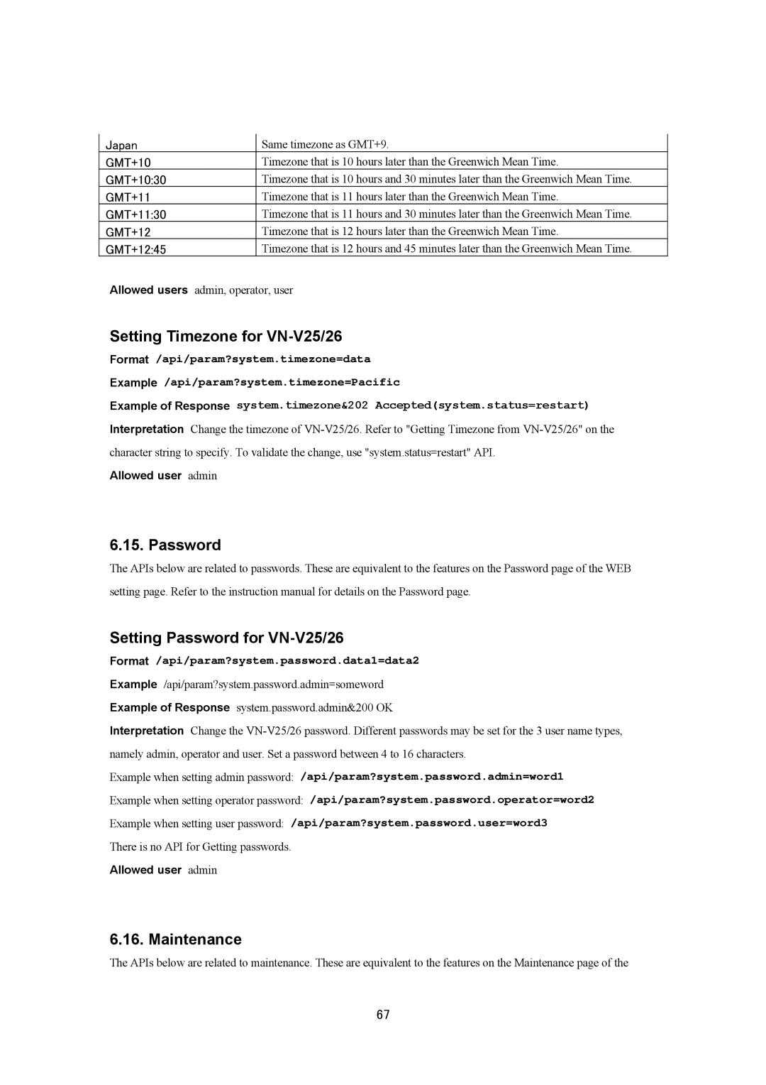 JVC VN-V26U, VN-V25U manual Setting Timezone for VN-V25/26, Password Setting Password for VN-V25/26, Maintenance 