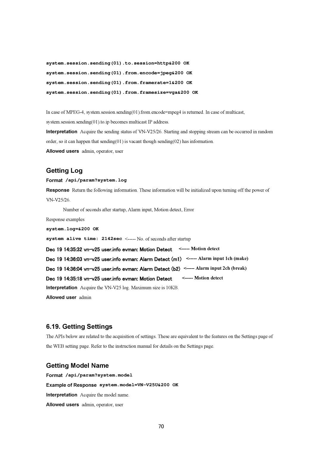 JVC VN-V25U, VN-V26U manual Getting Log, Getting Settings Getting Model Name, Format /api/param?system.log 