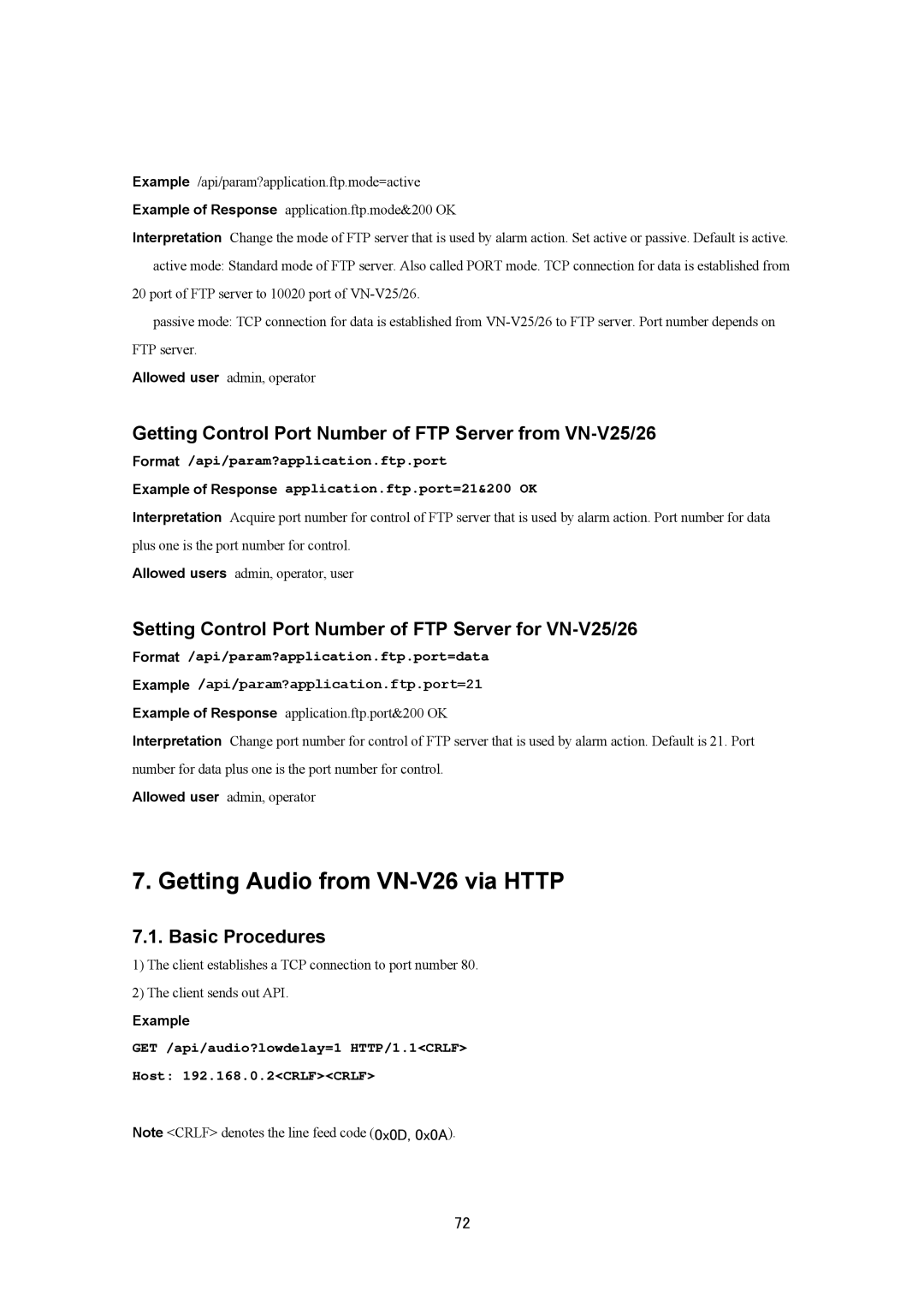 JVC VN-V25U, VN-V26U manual Getting Audio from VN-V26 via Http, Getting Control Port Number of FTP Server from VN-V25/26 