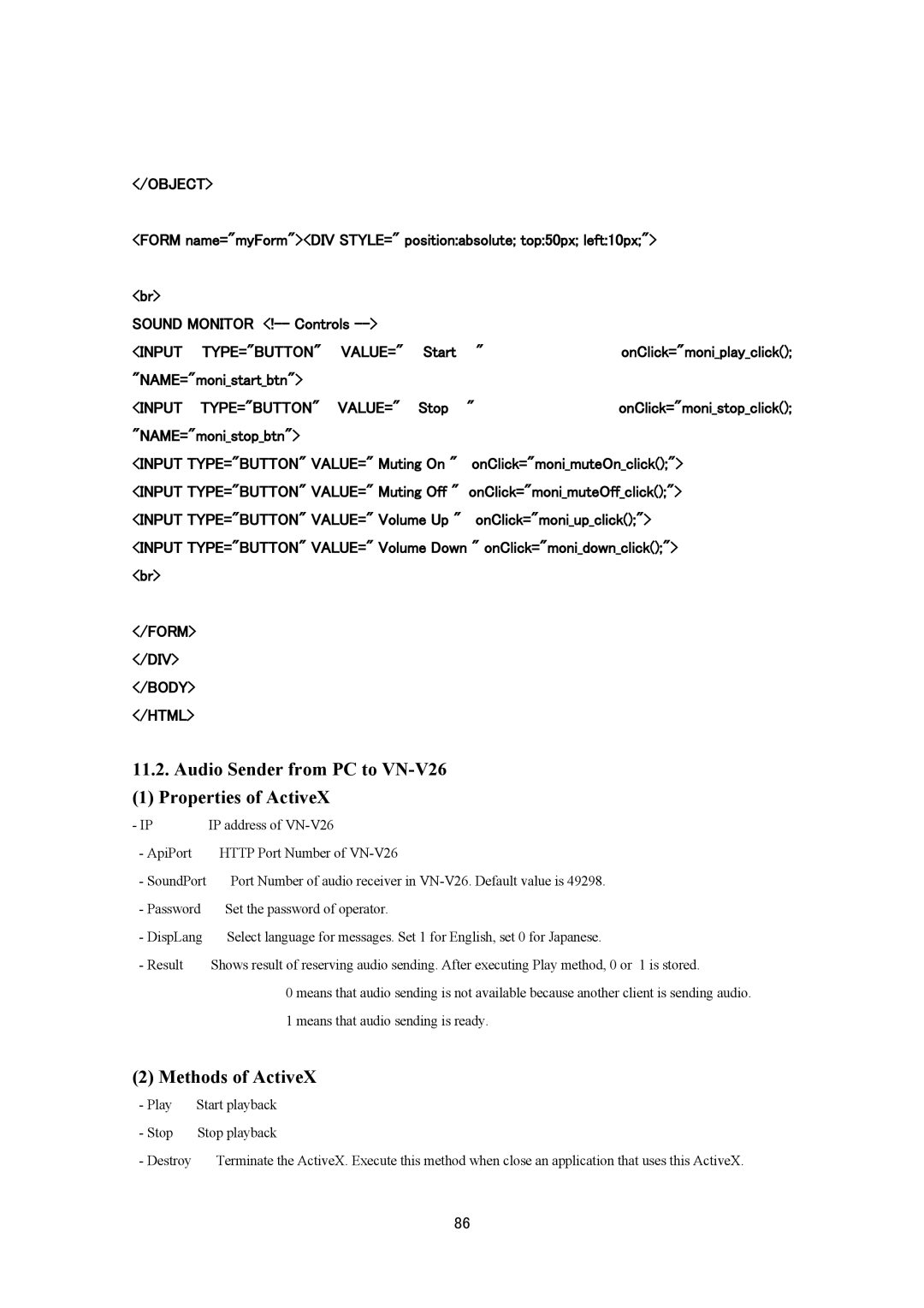 JVC VN-V25U, VN-V26U manual Audio Sender from PC to VN-V26 Properties of ActiveX 