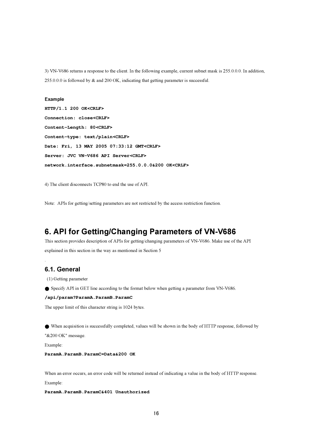 JVC VN-V686U manual General, Api/param?ParamA.ParamB.ParamC, ParamA.ParamB.ParamC=Data&200 OK 