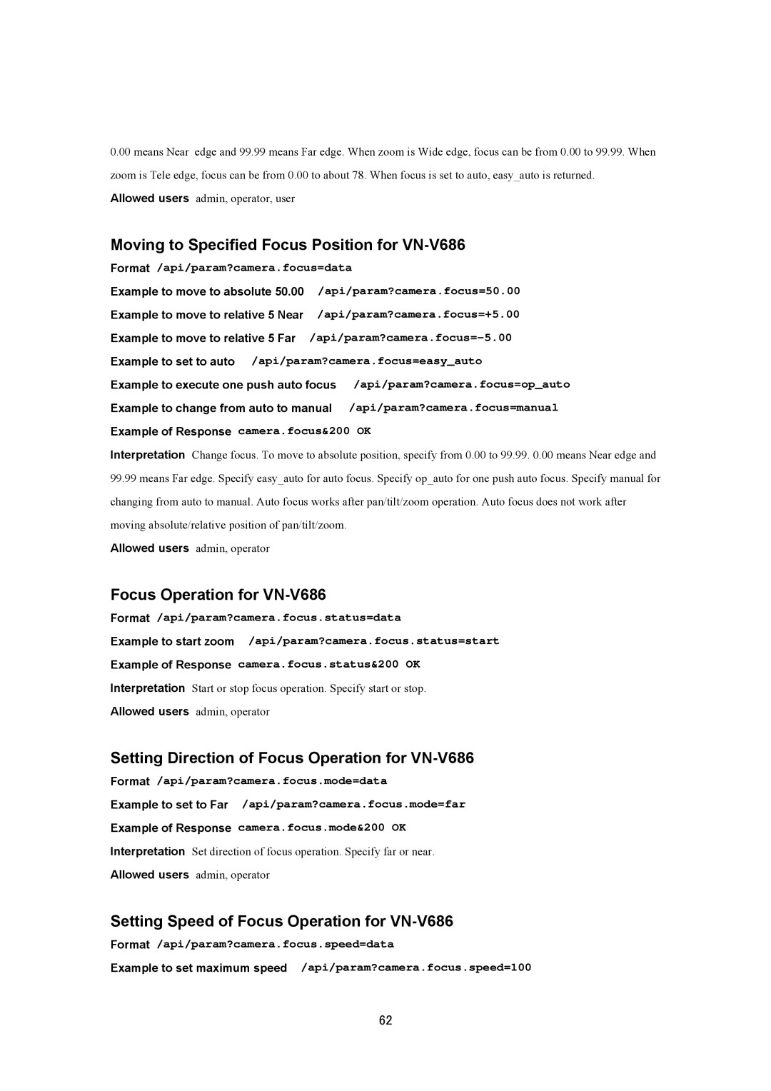 JVC VN-V686U manual Moving to Specified Focus Position for VN-V686, Focus Operation for VN-V686 