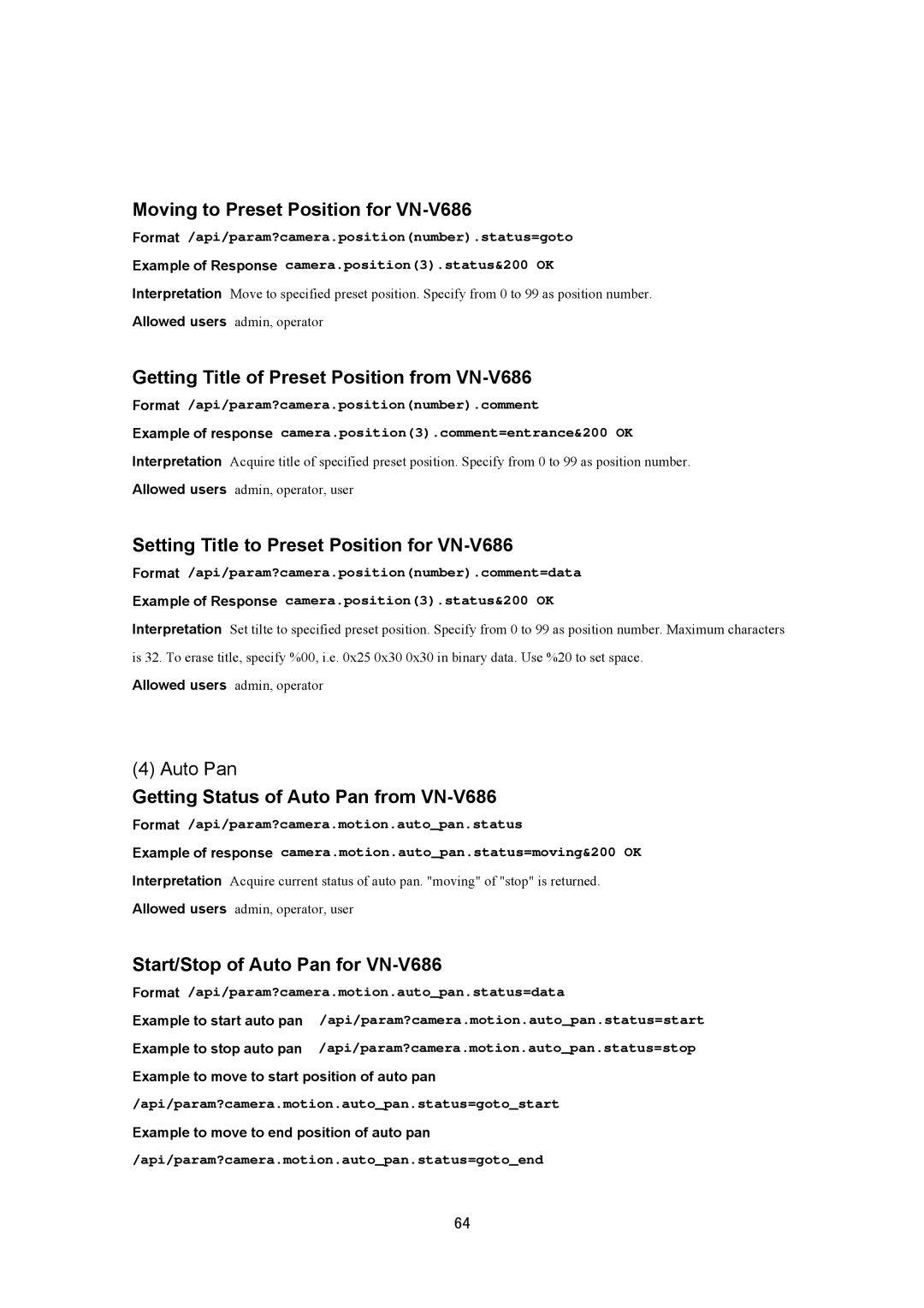 JVC VN-V686U manual Moving to Preset Position for VN-V686, Getting Title of Preset Position from VN-V686 