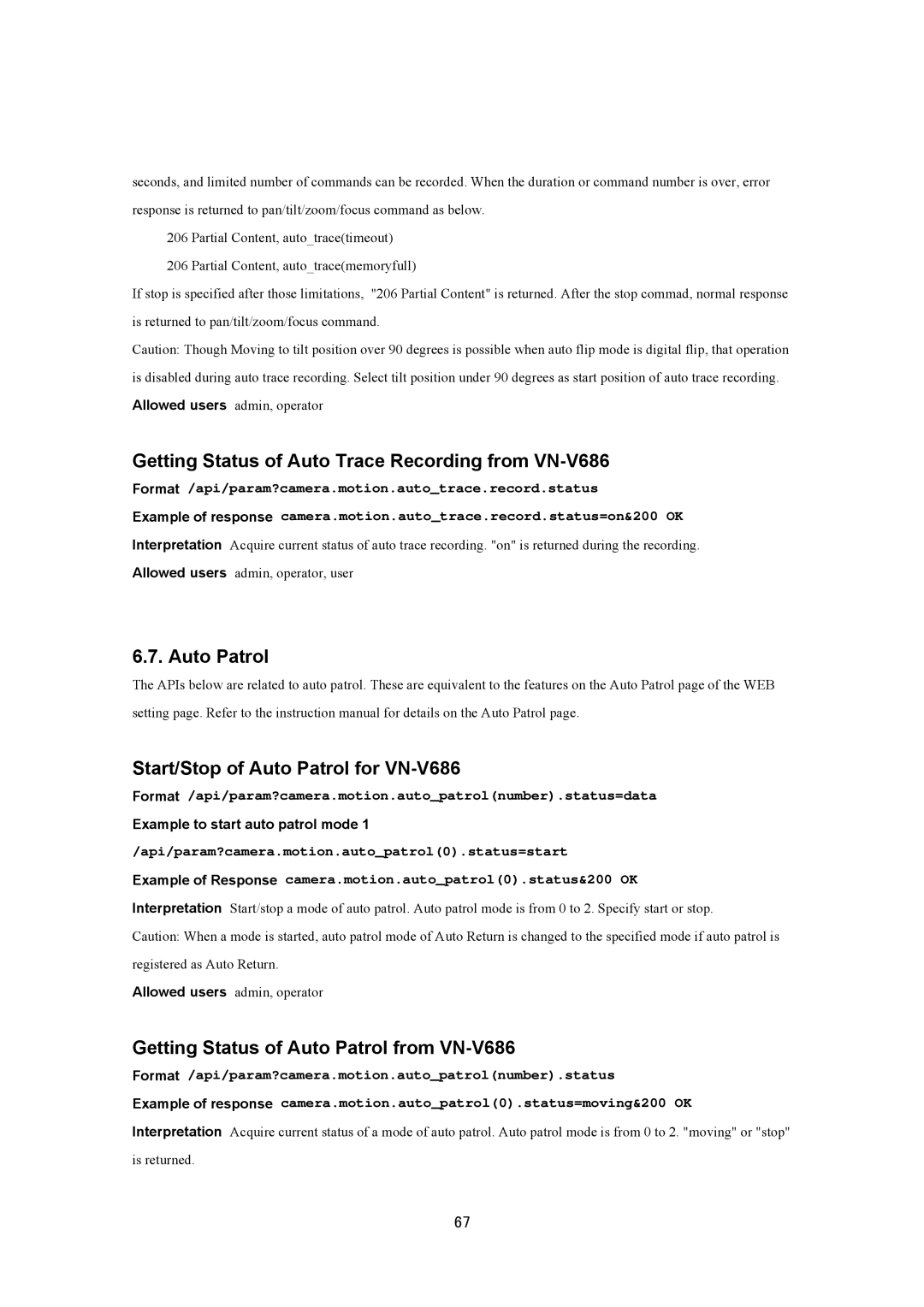 JVC VN-V686U manual Getting Status of Auto Trace Recording from VN-V686, Auto Patrol Start/Stop of Auto Patrol for VN-V686 