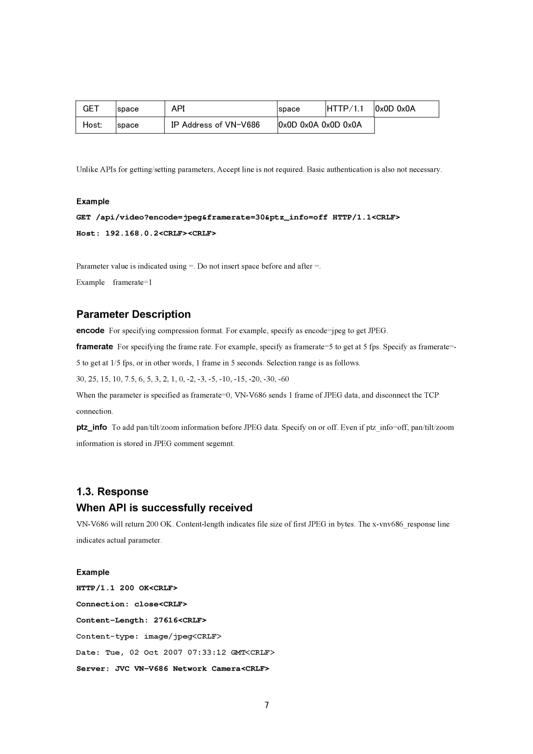 JVC VN-V686U manual Parameter Description, Response When API is successfully received 