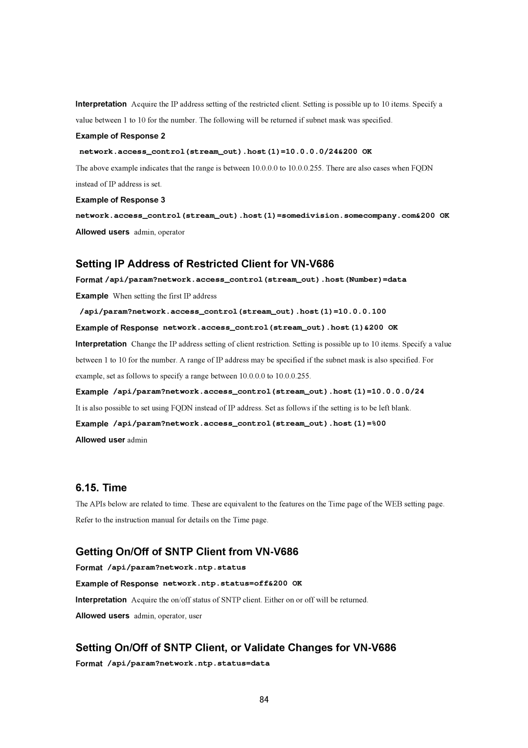 JVC VN-V686U manual Setting IP Address of Restricted Client for VN-V686, Time Getting On/Off of Sntp Client from VN-V686 