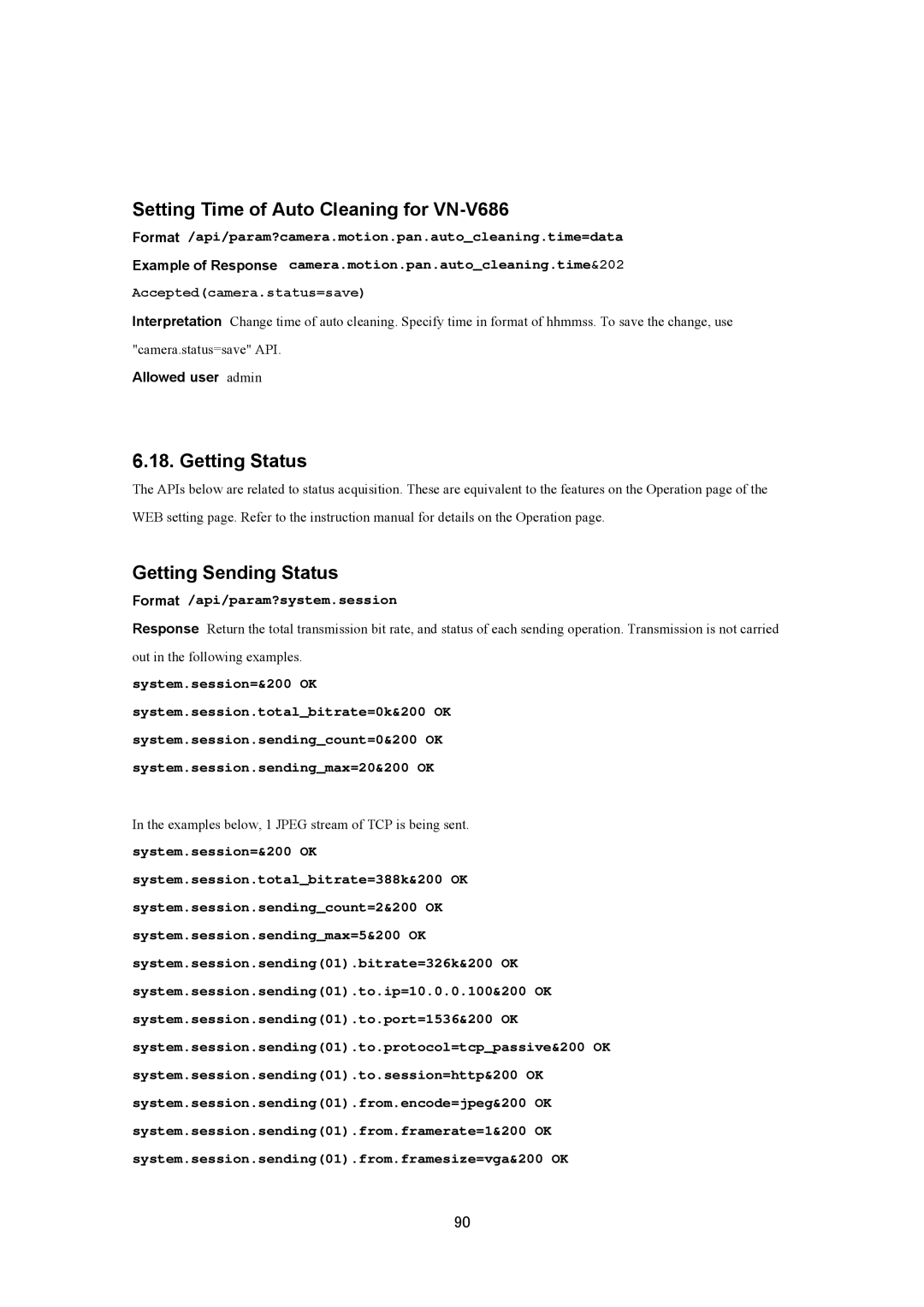 JVC VN-V686U manual Setting Time of Auto Cleaning for VN-V686, Getting Status Getting Sending Status 