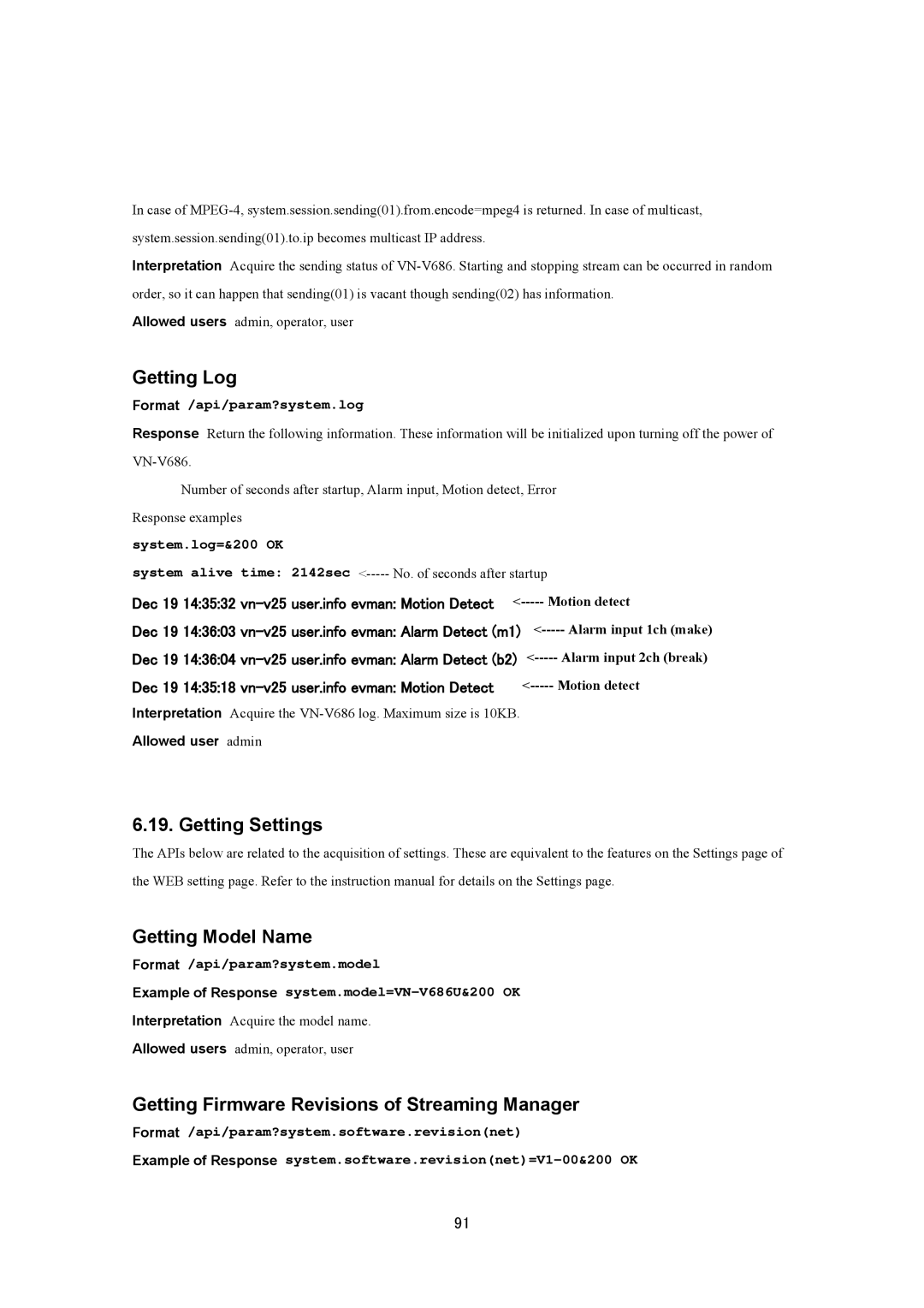 JVC VN-V686U manual Getting Log, Getting Settings Getting Model Name, Getting Firmware Revisions of Streaming Manager 