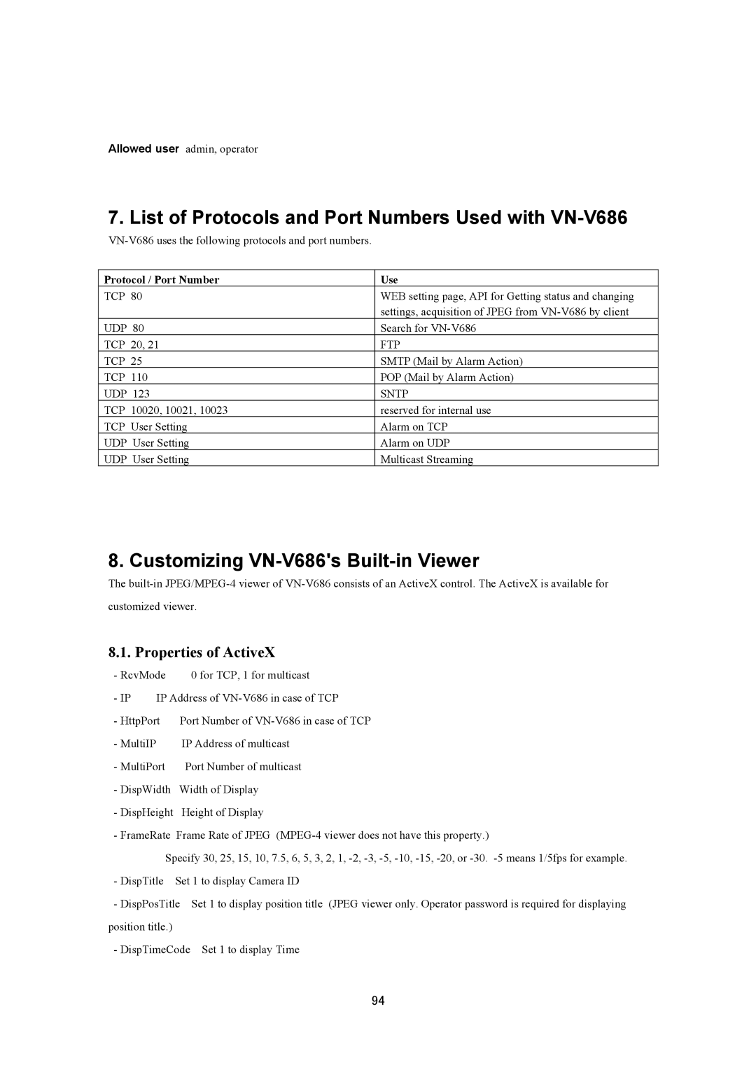 JVC VN-V686U manual List of Protocols and Port Numbers Used with VN-V686 