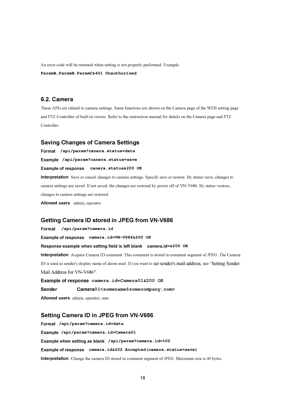 JVC VN-V686UAPI manual Camera Saving Changes of Camera Settings, Getting Camera ID stored in Jpeg from VN-V686 