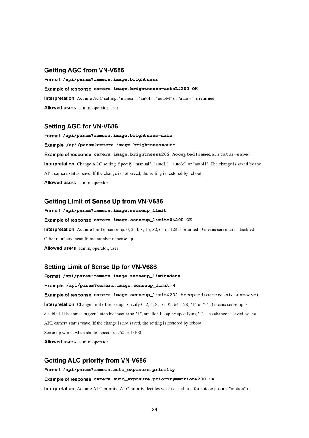 JVC VN-V686UAPI manual Getting AGC from VN-V686, Setting AGC for VN-V686, Getting Limit of Sense Up from VN-V686 