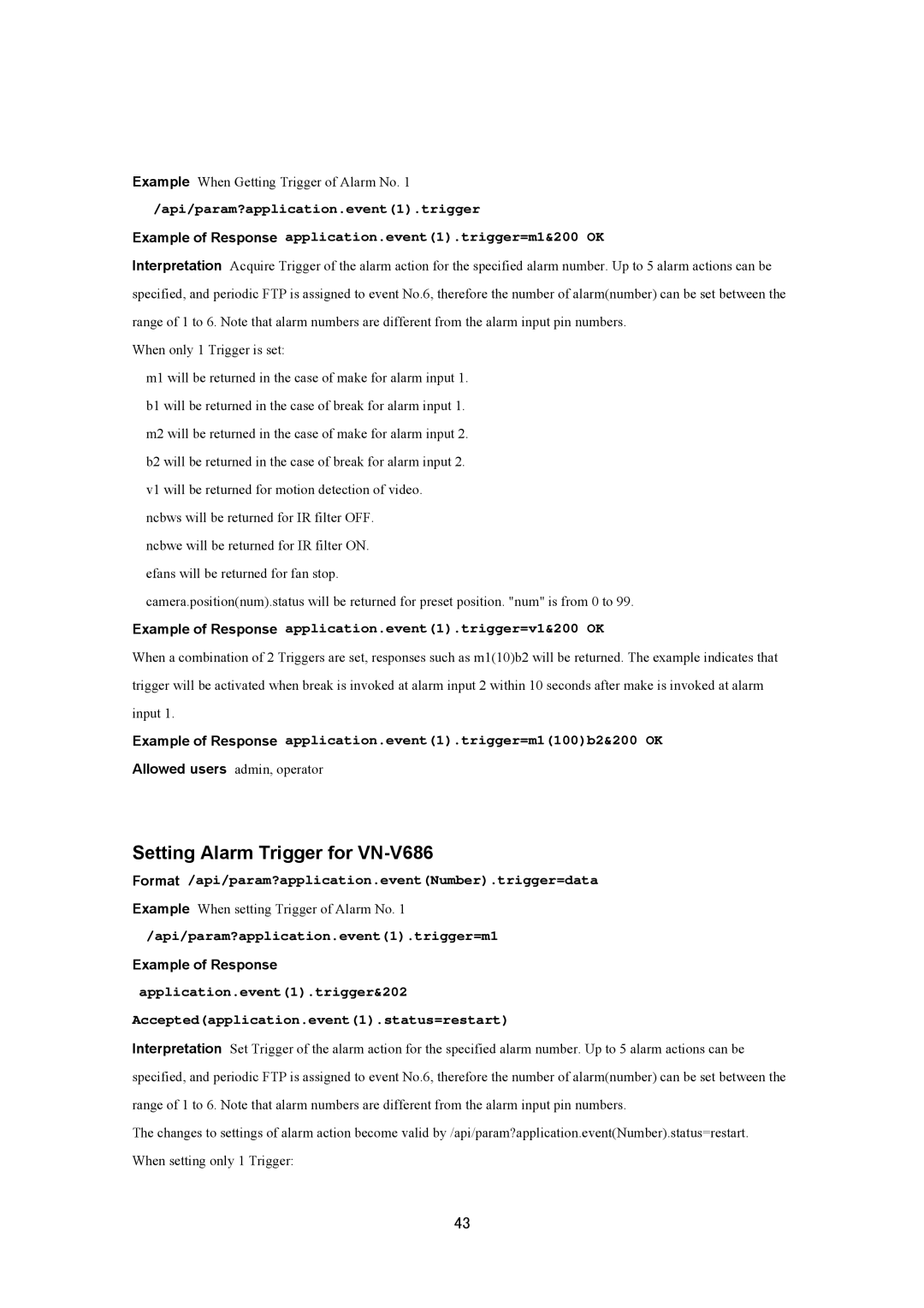 JVC VN-V686UAPI manual Setting Alarm Trigger for VN-V686, Example of Response application.event1.trigger=v1&200 OK 