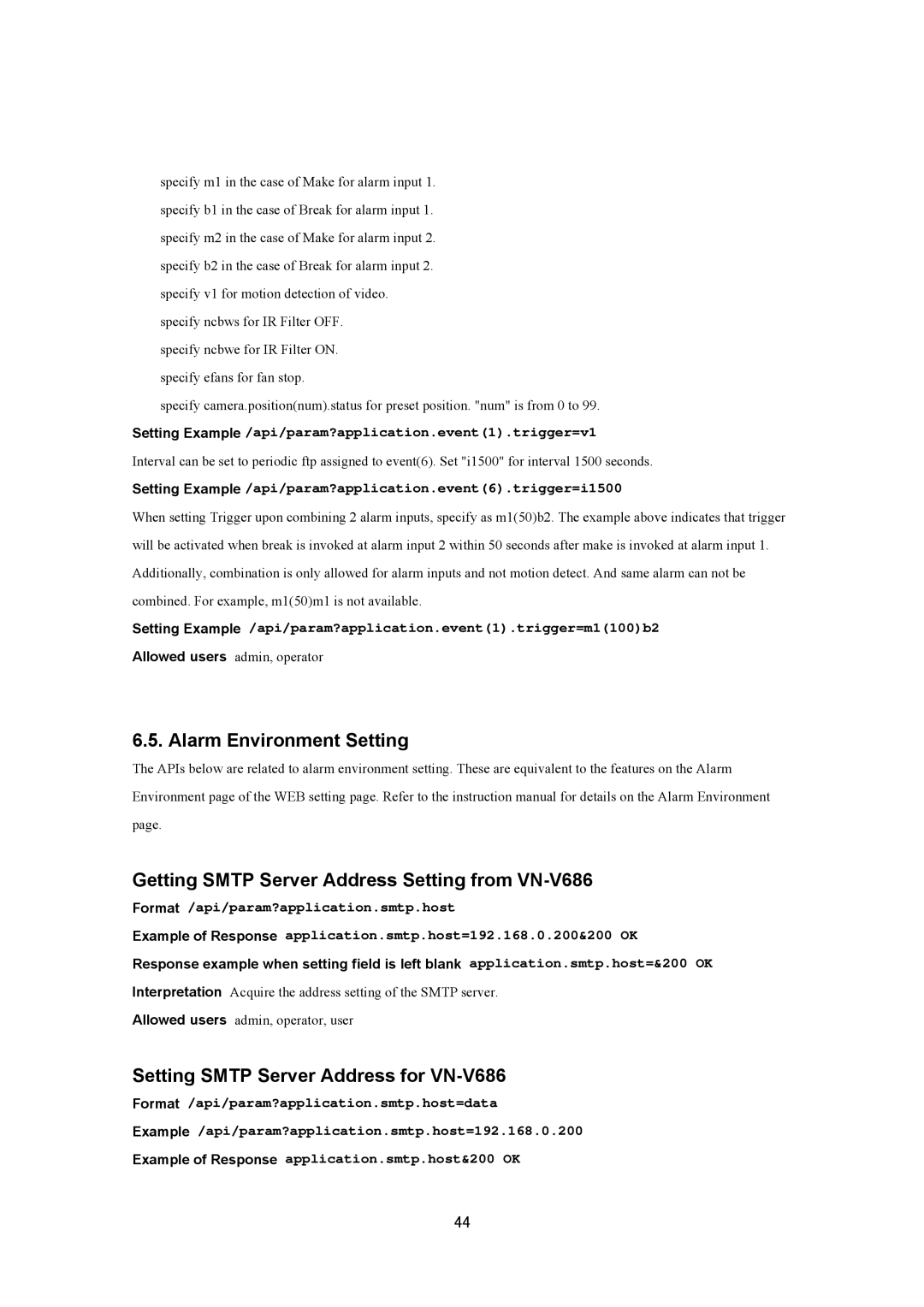 JVC VN-V686UAPI manual Setting Smtp Server Address for VN-V686, Setting Example /api/param?application.event1.trigger=v1 