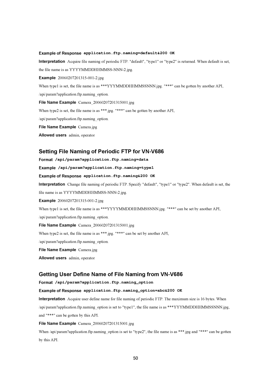 JVC VN-V686UAPI Setting File Naming of Periodic FTP for VN-V686, Getting User Define Name of File Naming from VN-V686 