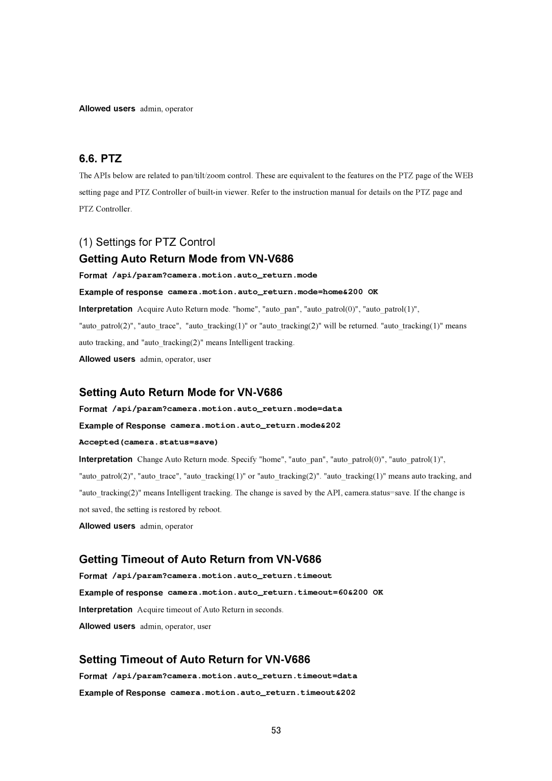 JVC VN-V686UAPI manual Ptz, Getting Auto Return Mode from VN-V686, Setting Auto Return Mode for VN-V686 