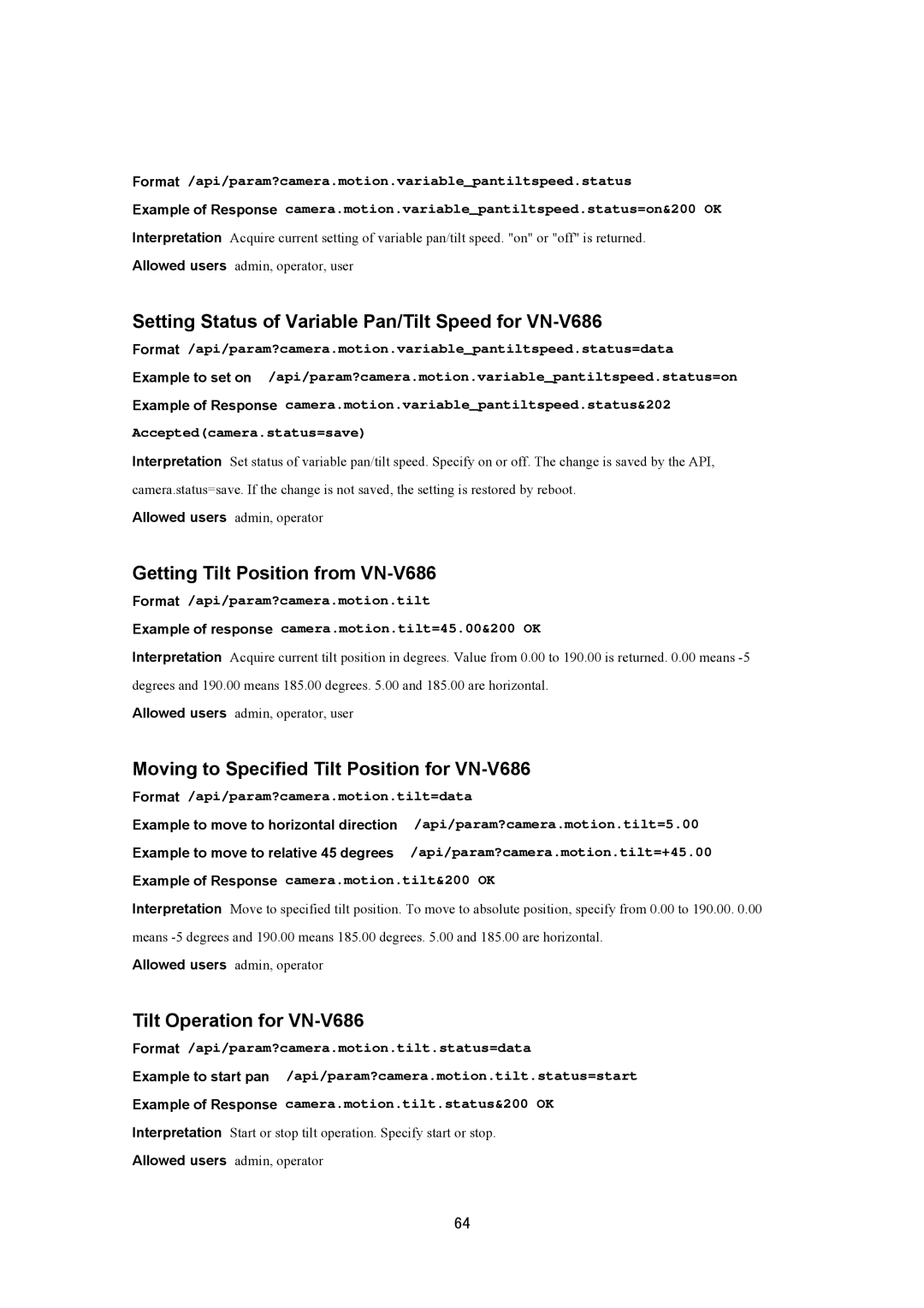 JVC VN-V686UAPI manual Setting Status of Variable Pan/Tilt Speed for VN-V686, Getting Tilt Position from VN-V686 