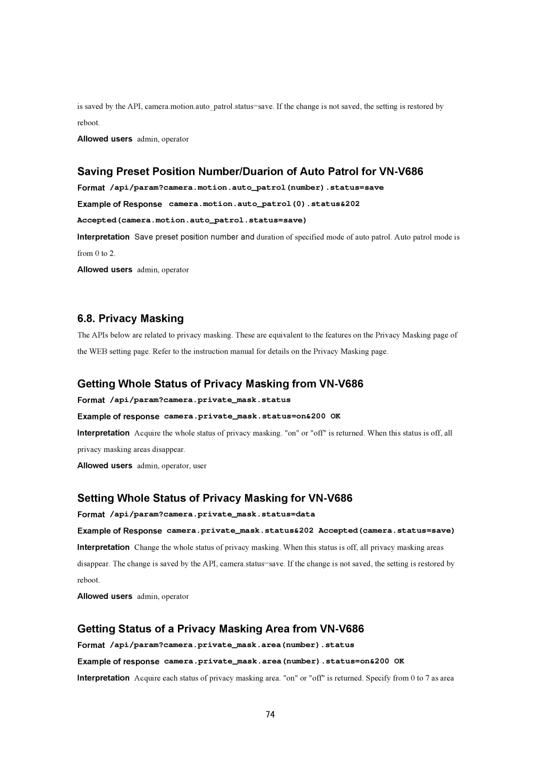 JVC VN-V686UAPI Setting Whole Status of Privacy Masking for VN-V686, Getting Status of a Privacy Masking Area from VN-V686 