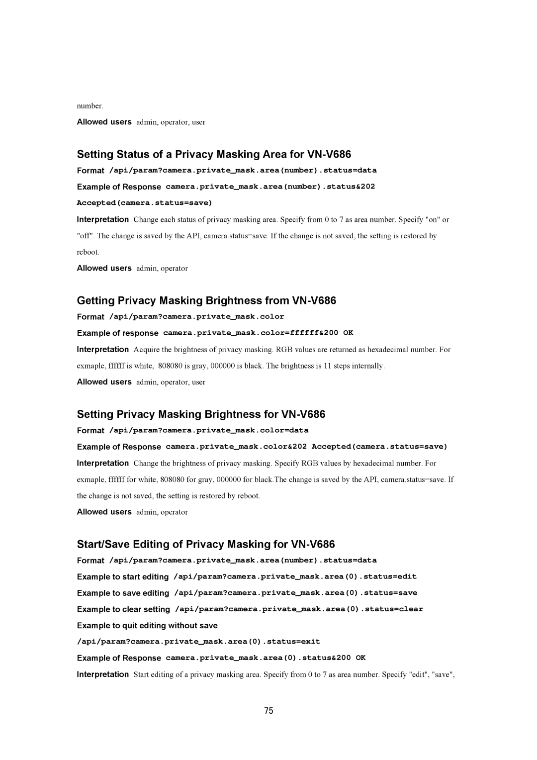 JVC VN-V686UAPI Setting Status of a Privacy Masking Area for VN-V686, Getting Privacy Masking Brightness from VN-V686 