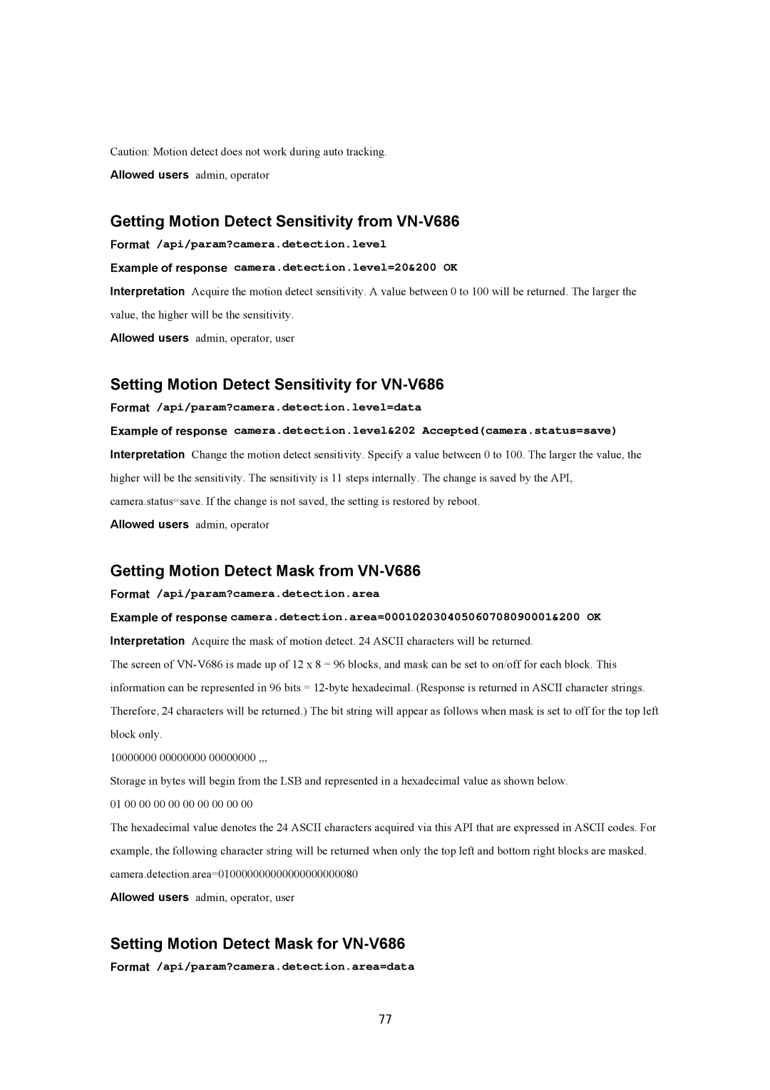 JVC VN-V686UAPI manual Getting Motion Detect Sensitivity from VN-V686, Setting Motion Detect Sensitivity for VN-V686 