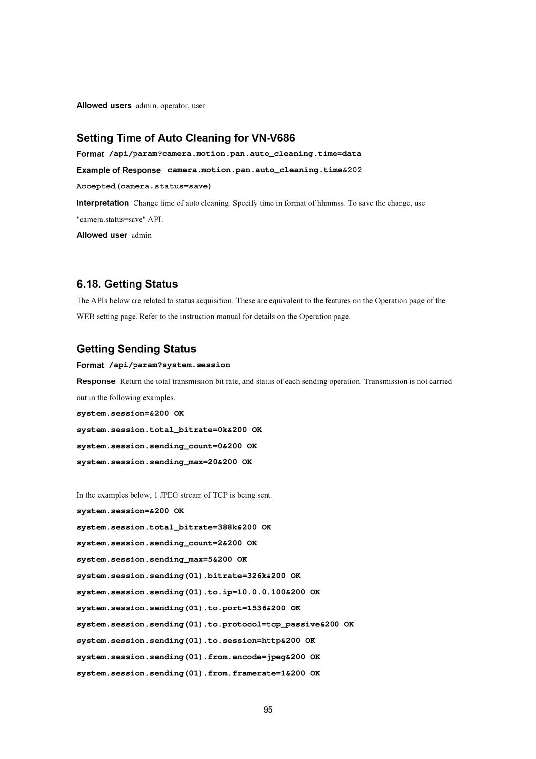 JVC VN-V686UAPI manual Setting Time of Auto Cleaning for VN-V686, Getting Status Getting Sending Status 