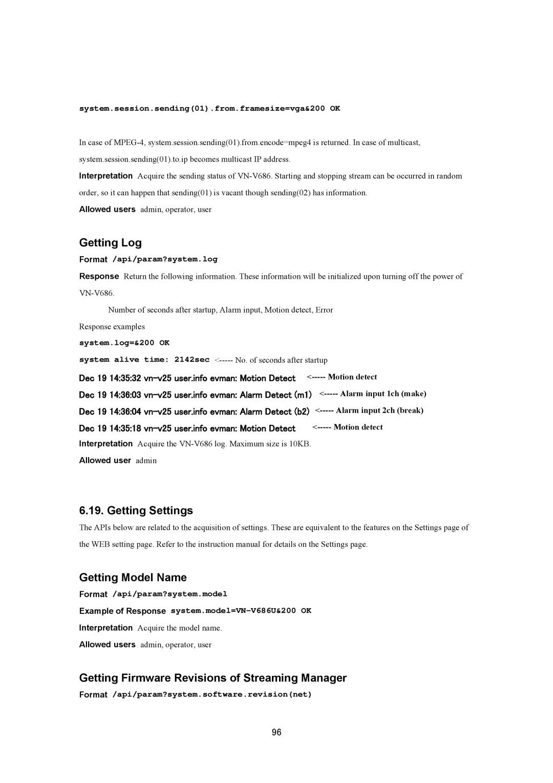 JVC VN-V686UAPI manual Getting Log, Getting Settings Getting Model Name, Getting Firmware Revisions of Streaming Manager 