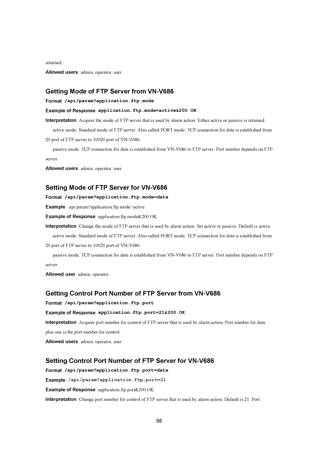 JVC VN-V686UAPI manual Getting Mode of FTP Server from VN-V686, Setting Mode of FTP Server for VN-V686 