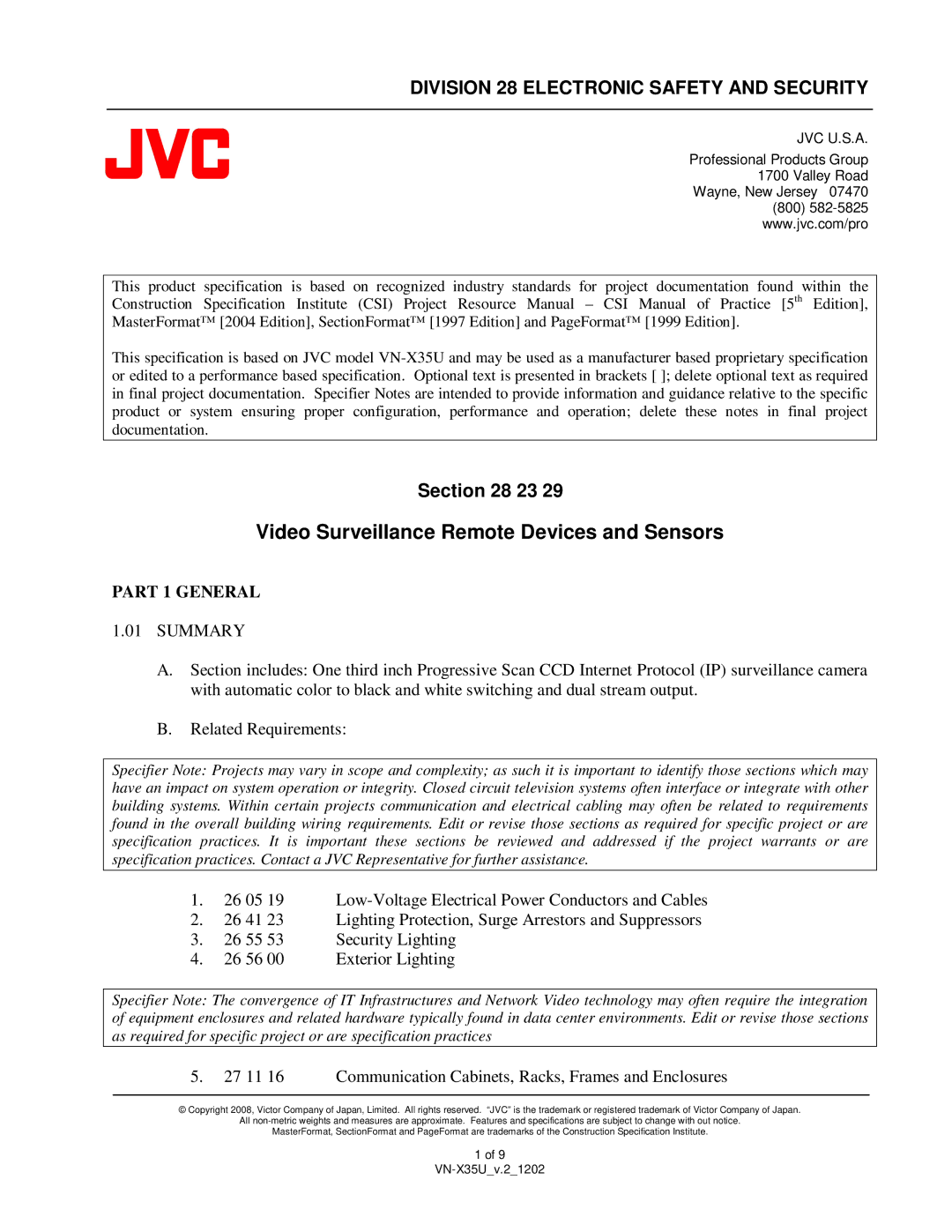 JVC VN-X35U specifications Part 1 General, Summary 