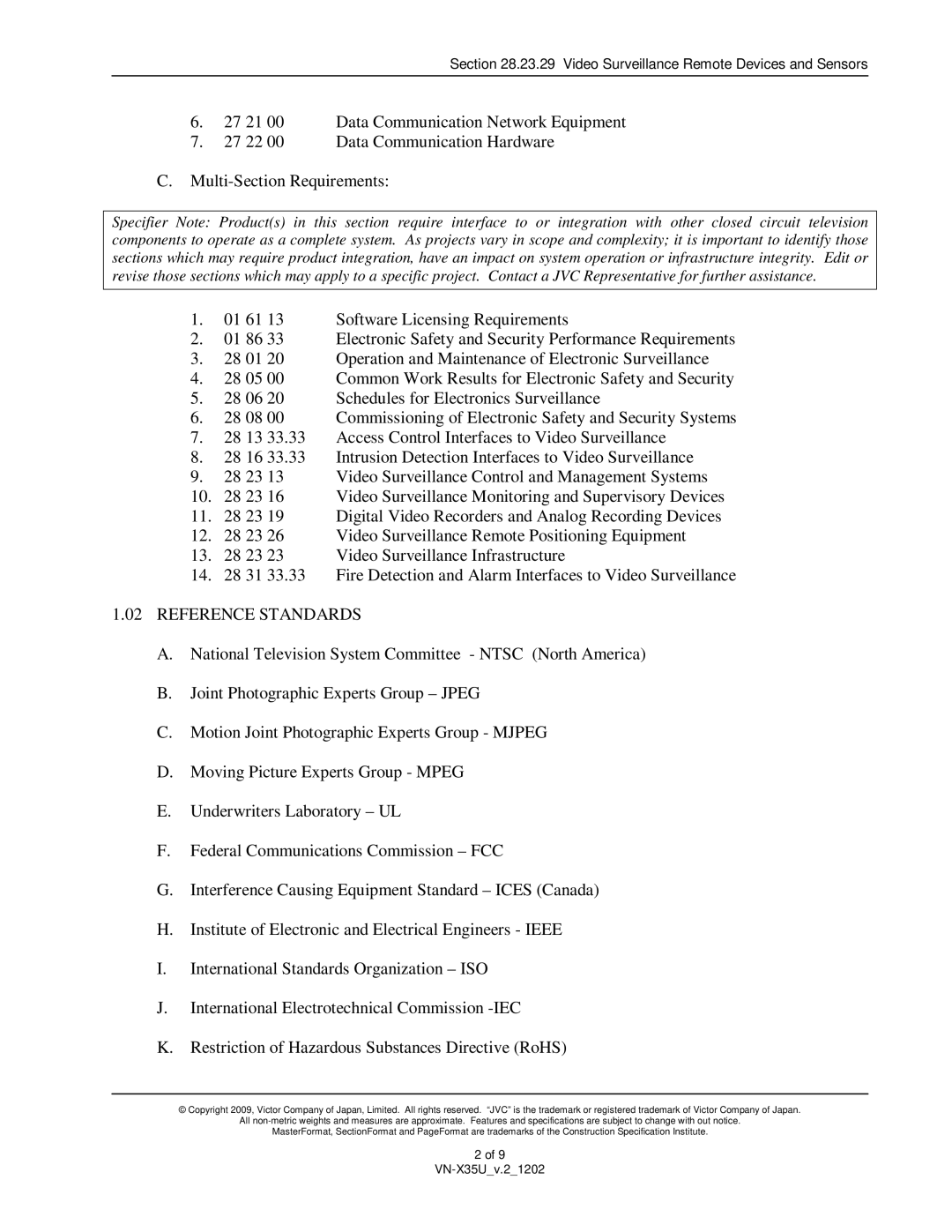 JVC VN-X35U specifications Reference Standards 