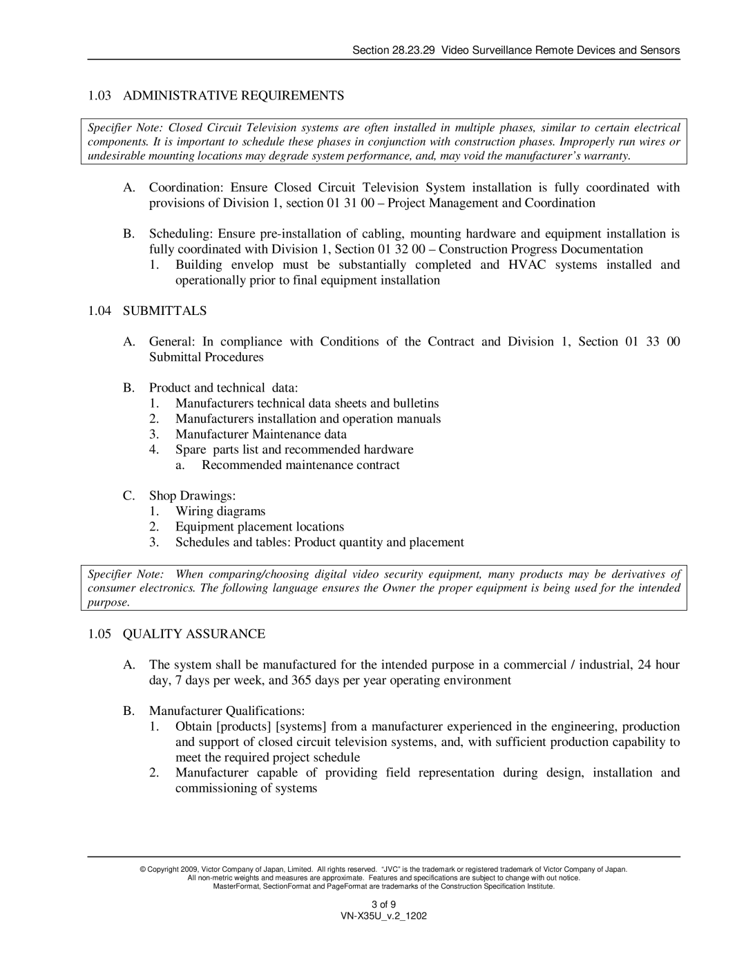 JVC VN-X35U specifications Administrative Requirements, Submittals, Quality Assurance 