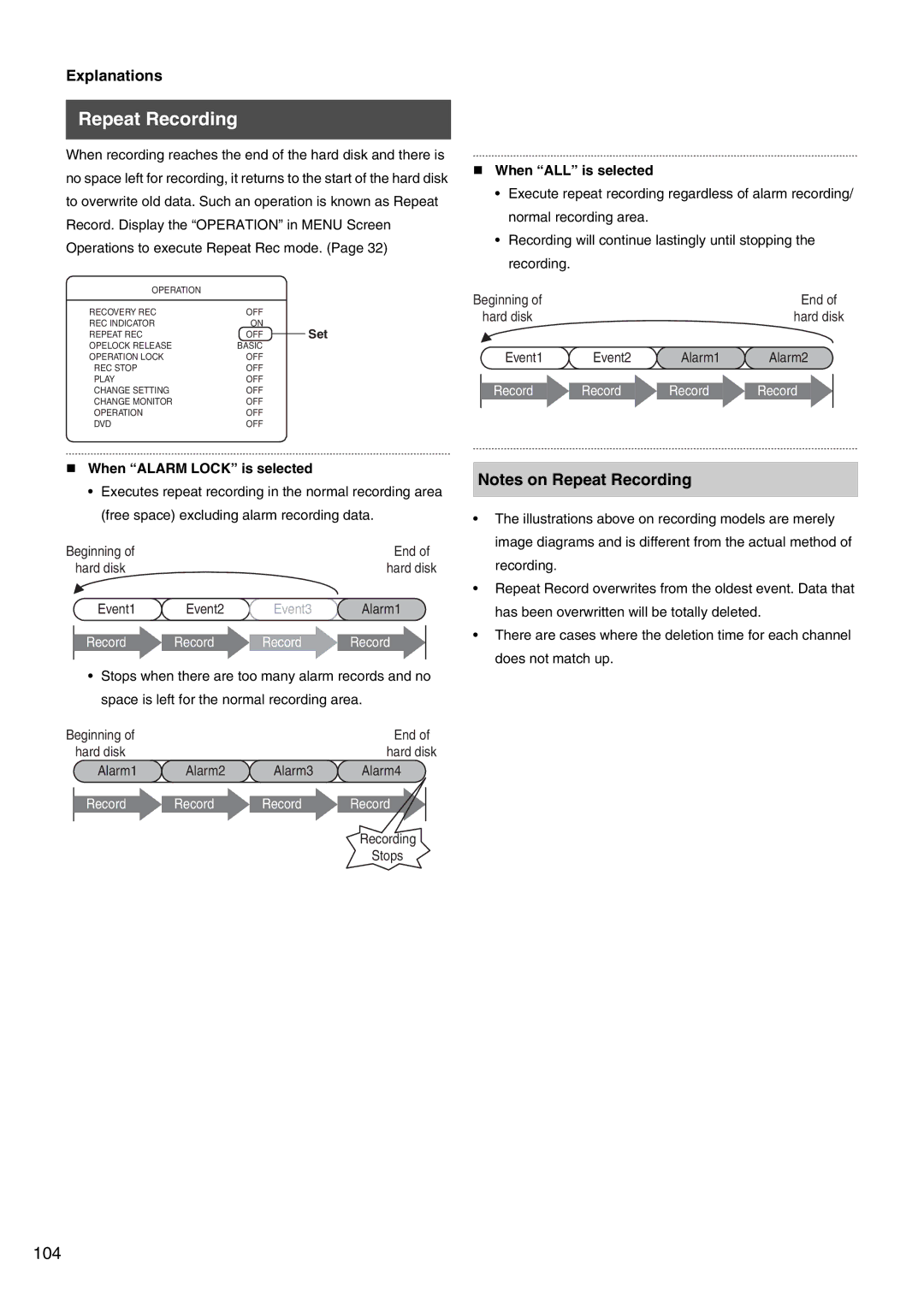 JVC VR-509E instruction manual Repeat Recording, „ When Alarm Lock is selected, „ When ALL is selected 