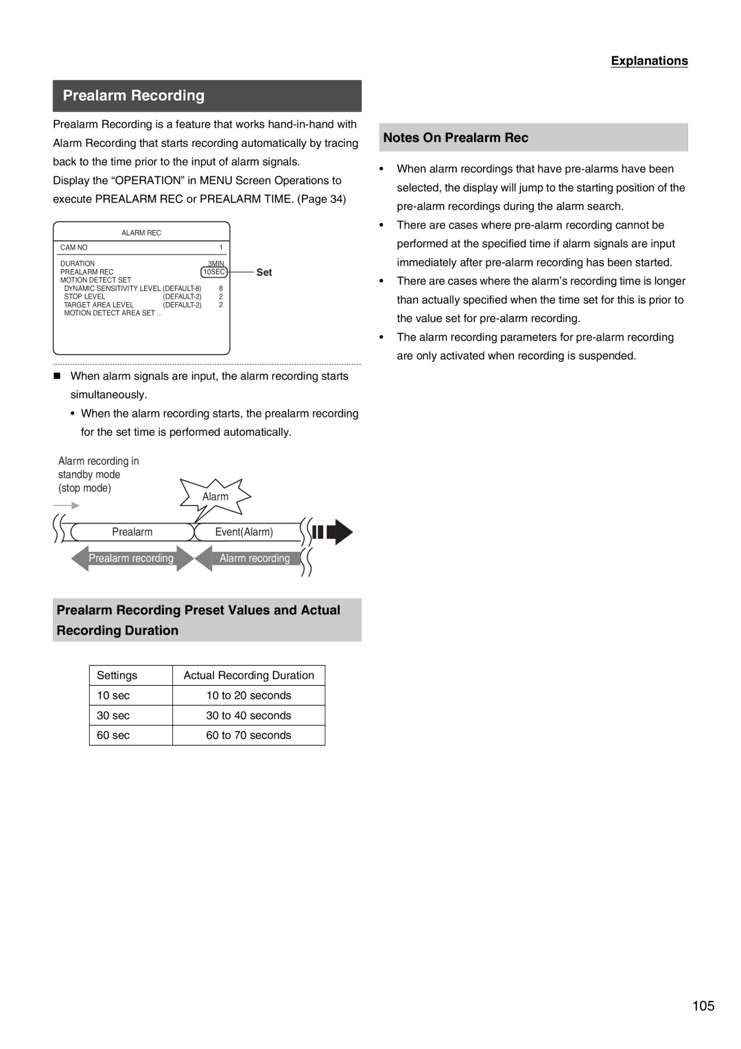 JVC VR-509E instruction manual Prealarm Recording, Settings Actual Recording Duration 10 sec, 30 sec, 60 sec 