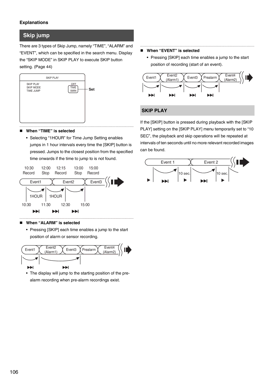 JVC VR-509E instruction manual Skip jump, „ When Event is selected, „ When Time is selected, „ When Alarm is selected 