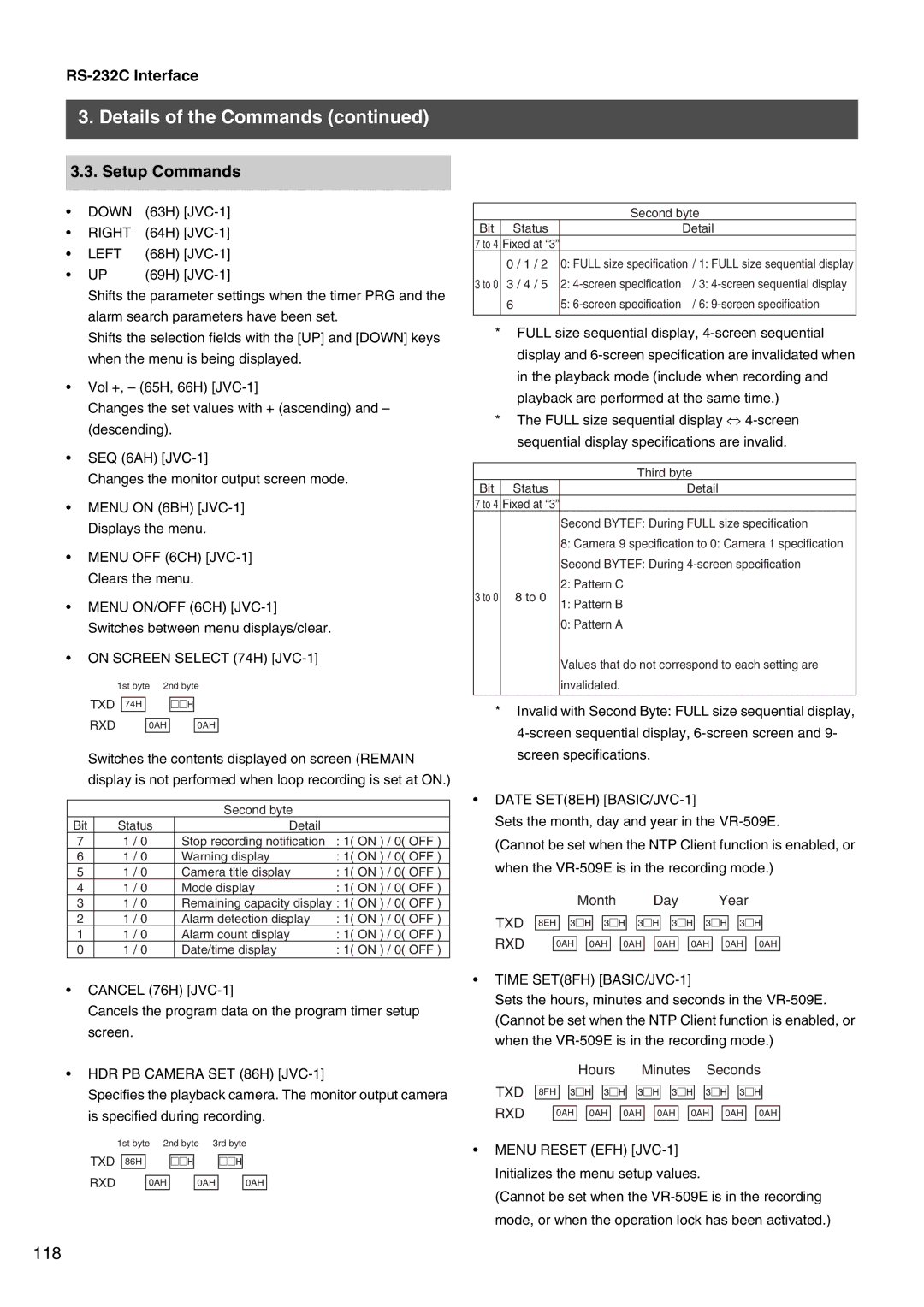 JVC VR-509E instruction manual Setup Commands 