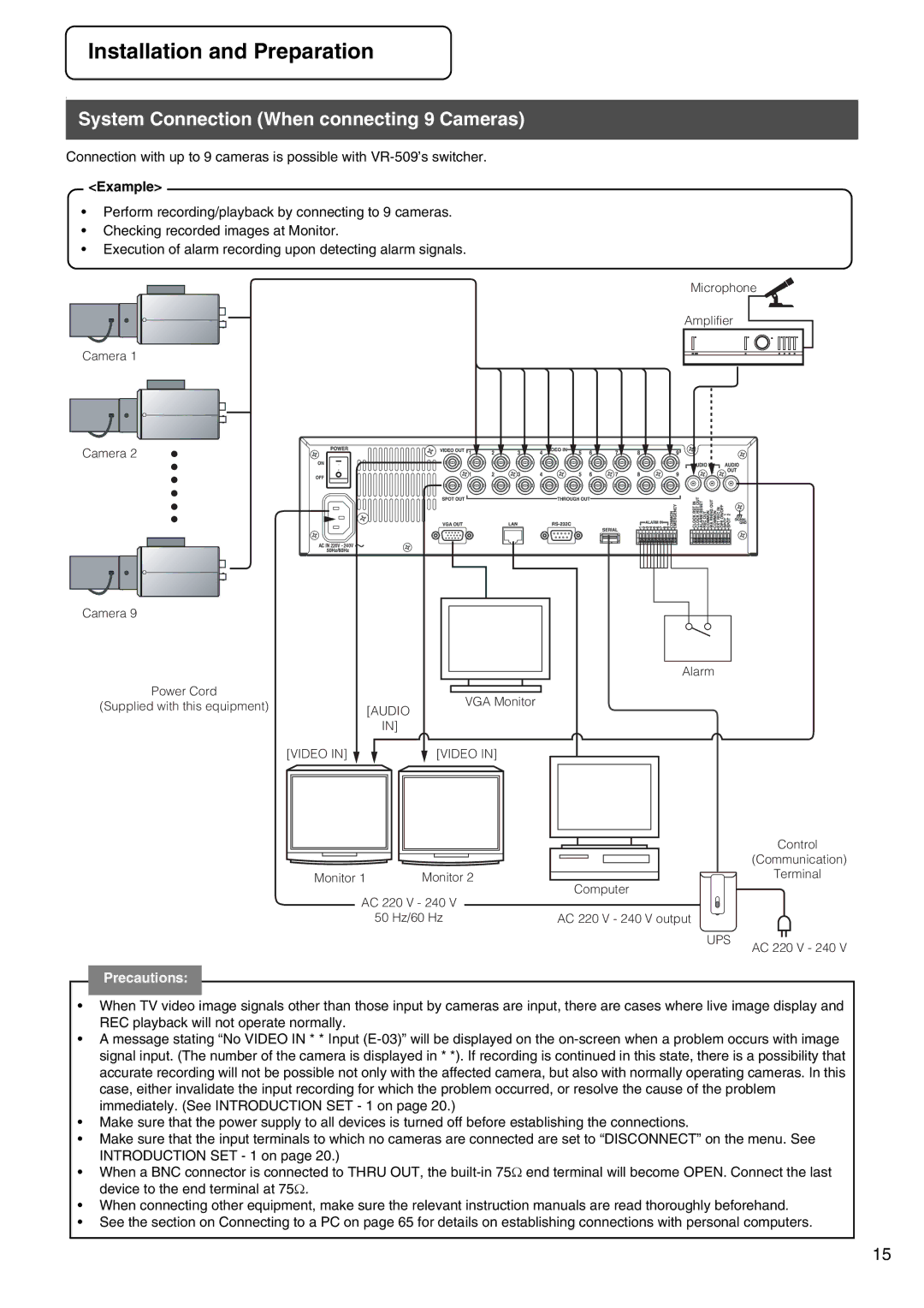 JVC VR-509E instruction manual System Connection When connecting 9 Cameras, Example 