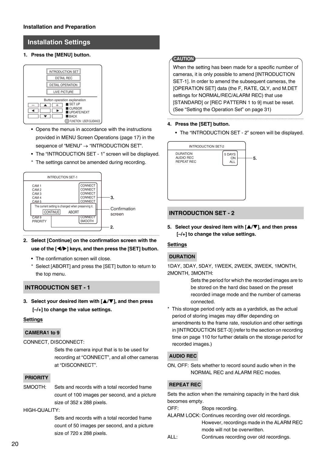 JVC VR-509E instruction manual Installation Settings, Priority, Duration, Audio REC, Repeat REC 