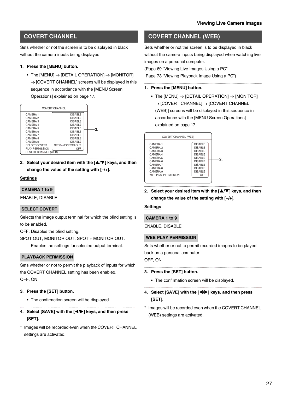 JVC VR-509E instruction manual Covert Channel WEB, Select Covert, Playback Permission, WEB Play Permission 