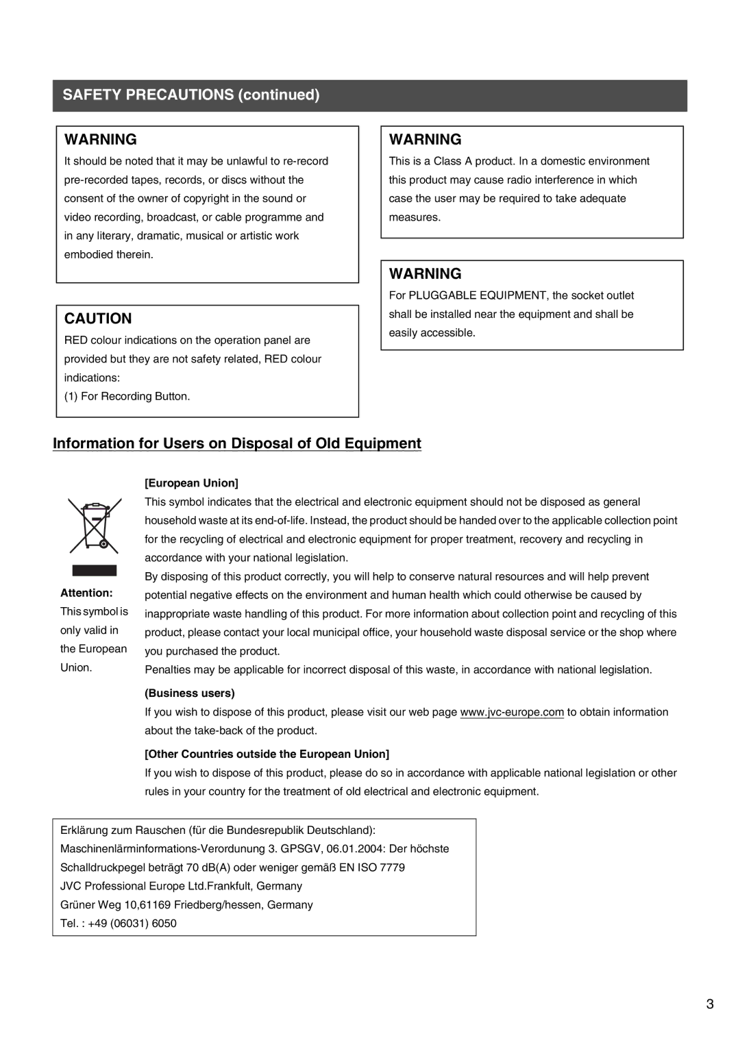 JVC VR-509E instruction manual Safety Precautions, Business users Other Countries outside the European Union 