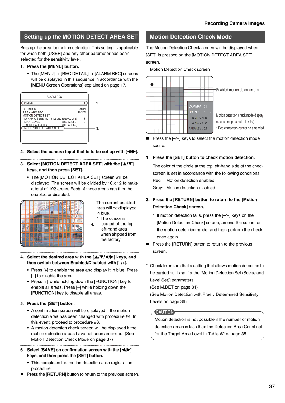 JVC VR-509E Setting up the Motion Detect Area SET, Motion Detection Check Mode, „ Press the -/+ keys to select the scene 