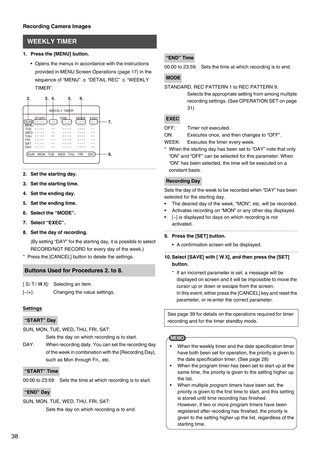 JVC VR-509E instruction manual Weekly Timer, Buttons Used for Procedures 2. to, Mode, Exec 